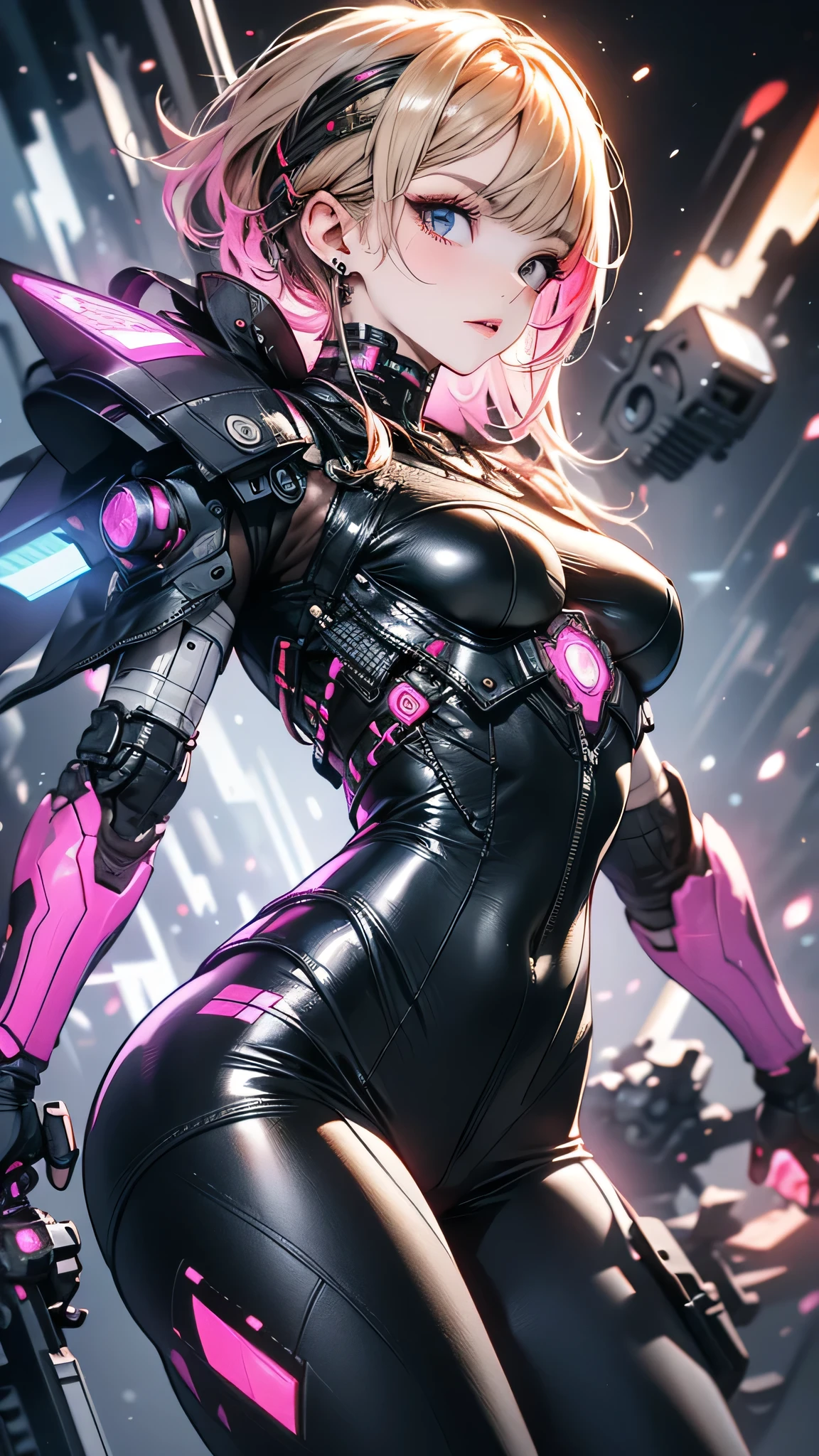 (impasto paintings:1.2),cowboy shot ,realistic, best quality, masterpiece, realistic ,<lora:more_details:0.3>, Smooth, metallic armor that covers every inch of the alien's body, with glowing energy shields extending from the shoulders., cute girl, dazzling Cherry blossom pink eyes, hanging breasts, Blue french braid hair, A futuristic city with sleek skyscrapers and flying cars, thick lines, anime style,<lora:GoodHands-beta2:1>,