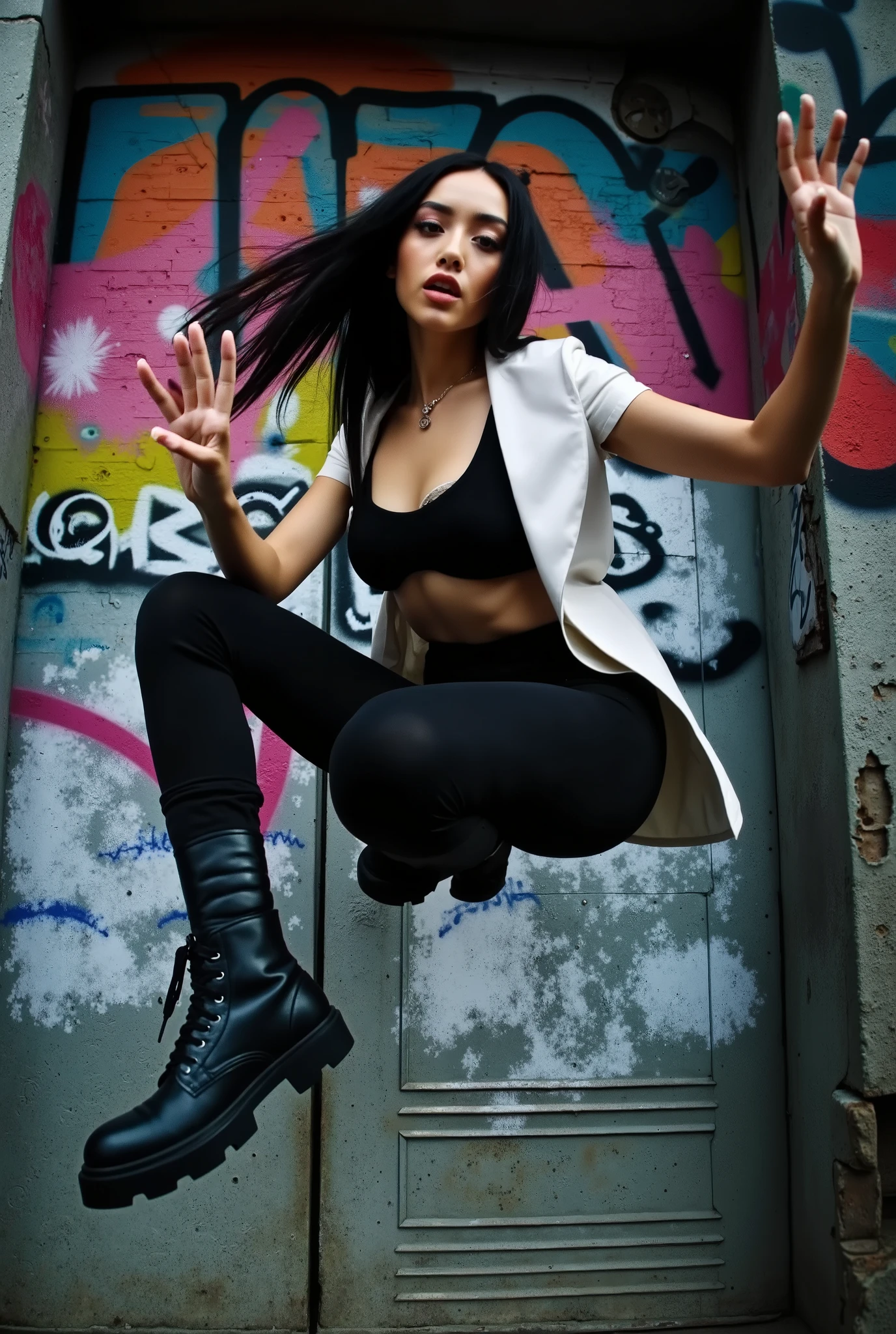 A hot urban girl jump in the air. Grunge wall grafitti background. Dynamic Angle. ((cinematic lighting)).