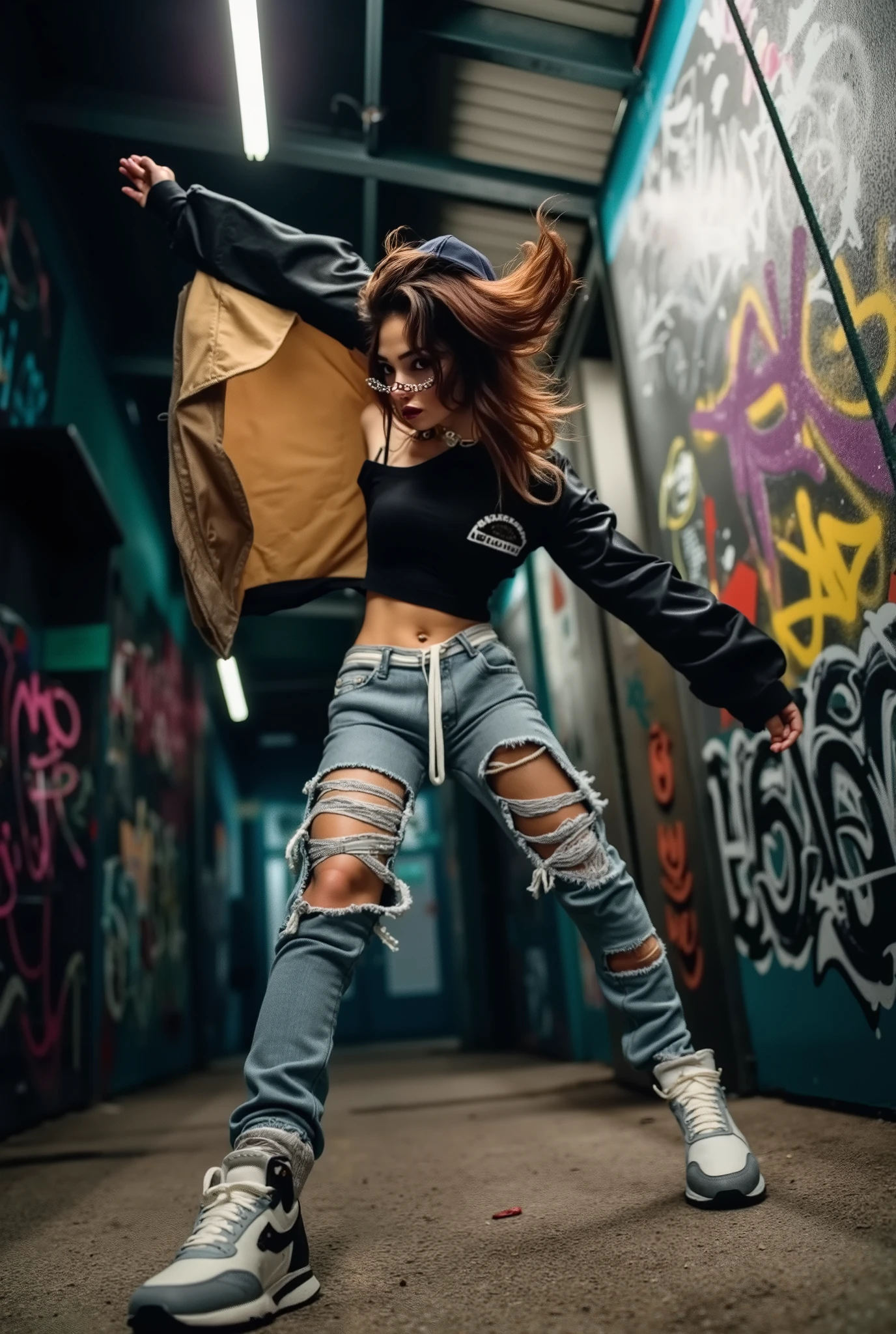 A hot urban girl jump in the air. Grunge wall grafitti background. Dynamic Angle. ((cinematic lighting)).