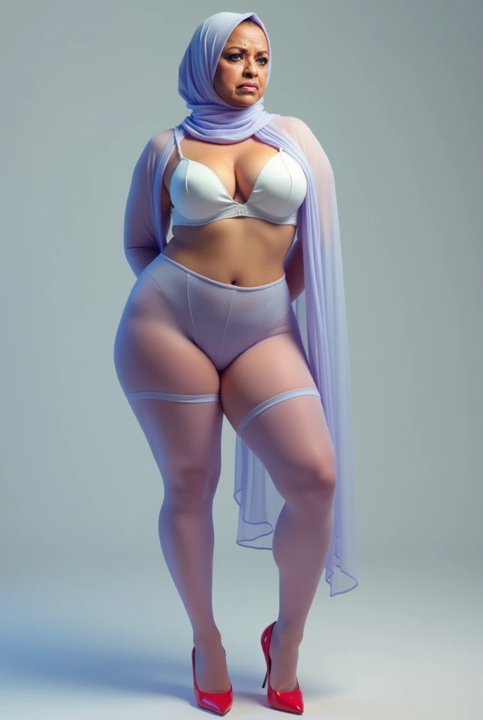Matured Malay women in hijab wearing sexy satin lace lilac color bra and panties, portrait photography, 35 years old, full body shot photo, ultra detail, professional photograph with professional lighting, smile, pink studio background, sexy seducing pose, curvy,