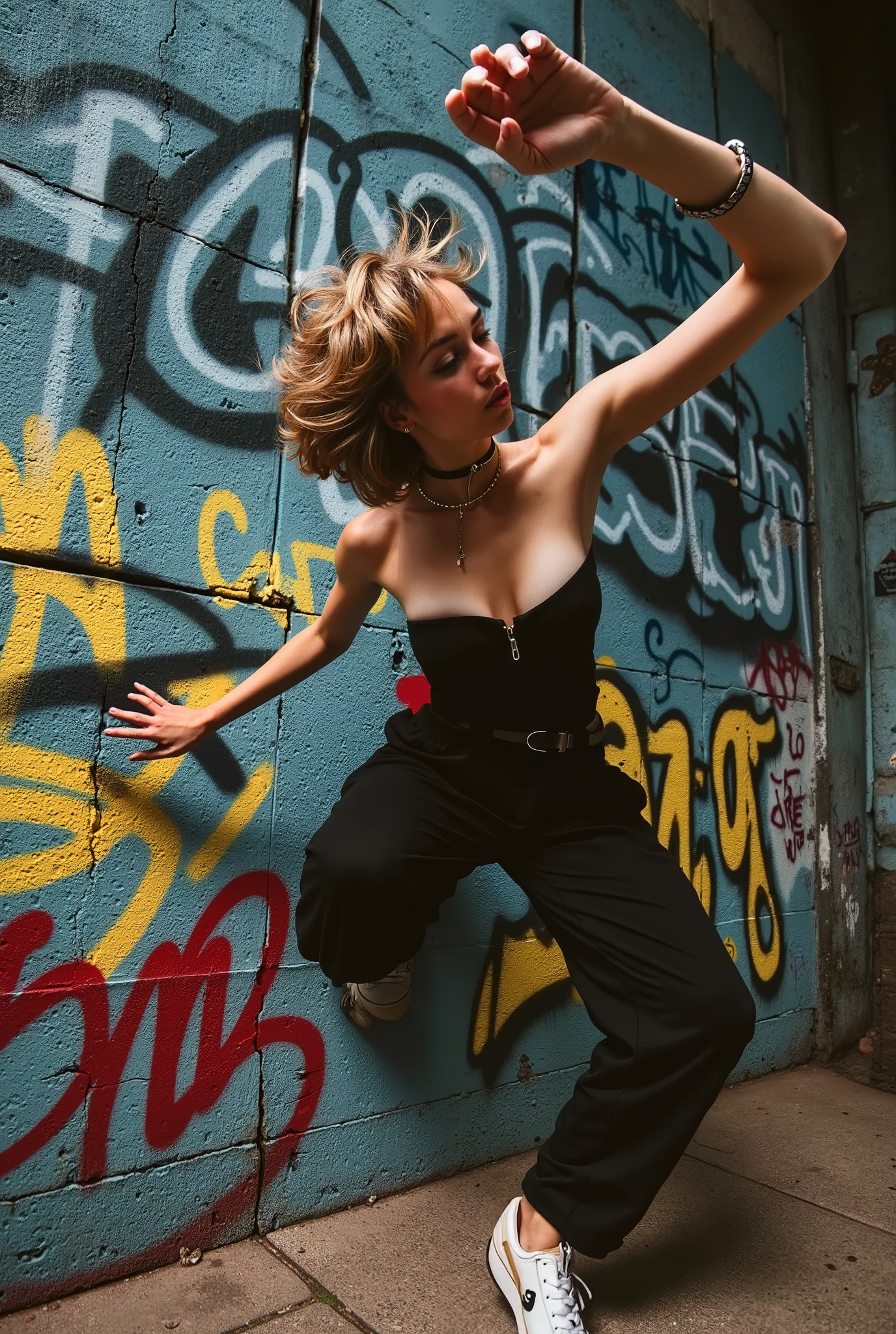 A hot urban girl jump in the air. Grunge wall grafitti background. Dynamic Angle. ((cinematic lighting)).