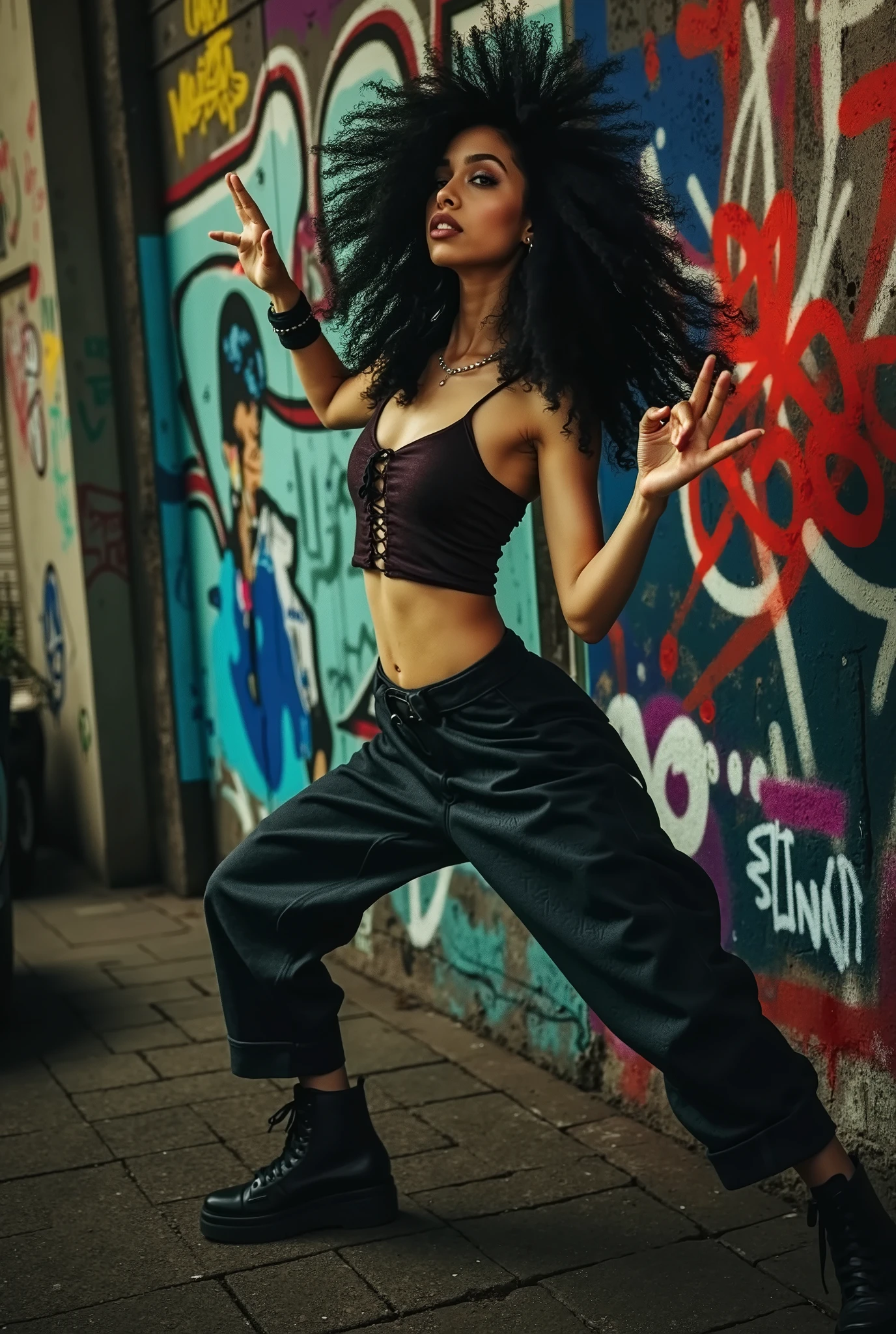 A hot urban girl jump in the air. Grunge wall grafitti background. Dynamic Angle. ((cinematic lighting)).