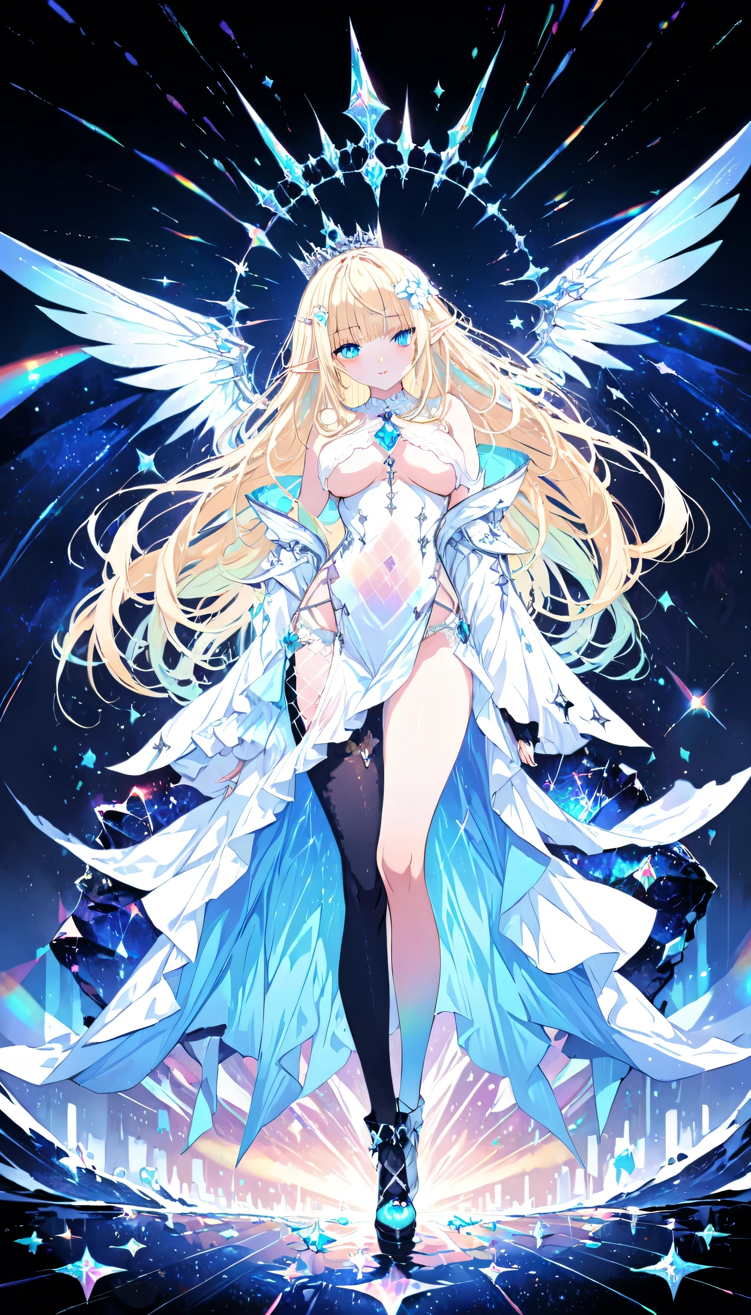 {{masterpiece}}, {{best quality}}, {ultra-detailed}3, {colorful}, {gradation}, magic circle, night, moon, Starry sky, a sexy woman, solo, angel, beautiful blond hair, beautiful green eyes, {beautiful eyes}, white-skinned, long hair, wings, smile, luminous effect, aurora,{whole body},{Floating}
