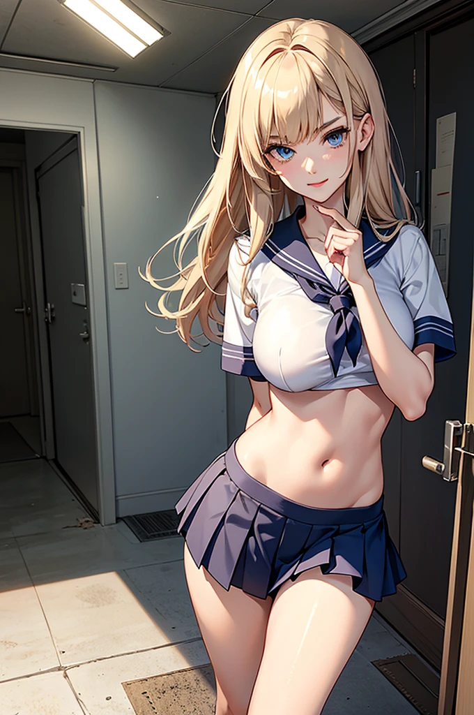 (((medium breasts))), ((best quality)), ((masterpiece)), (detailed), (((perfect face))), (((slender  teenl))), (((topless))), (((dark blue pleated skirt from waist to thighs))), ((blonde hair)), (((high ponytail))), ((shy:1.3)), ((blushing:1.5)), ((skinny hips)), (((bare arms))), (((bare shoulders))), (((bare stomach))), (((room with filing cabinet))), ((((girl looking away)))), (((skinny thighs))), (((knees)))