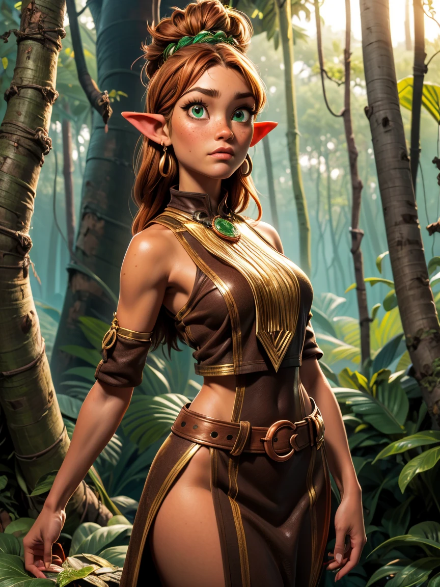 An illustrated movie poster, hand-drawn, full color, a teenage elven girl, wearing a lace bralette and bloomer shorts, tall, toned, slender hourglass figure, long pointy elf ears, light hazel eyes, dark hair, short curly bob, deep sun-tanned skintone, brown complexion, freckles, standing in a sunny olive grove, wet clothes, graphite shading, stencil marks, airbrushed acrylic paint, masterpiece, in the style of the Lord of the Rings