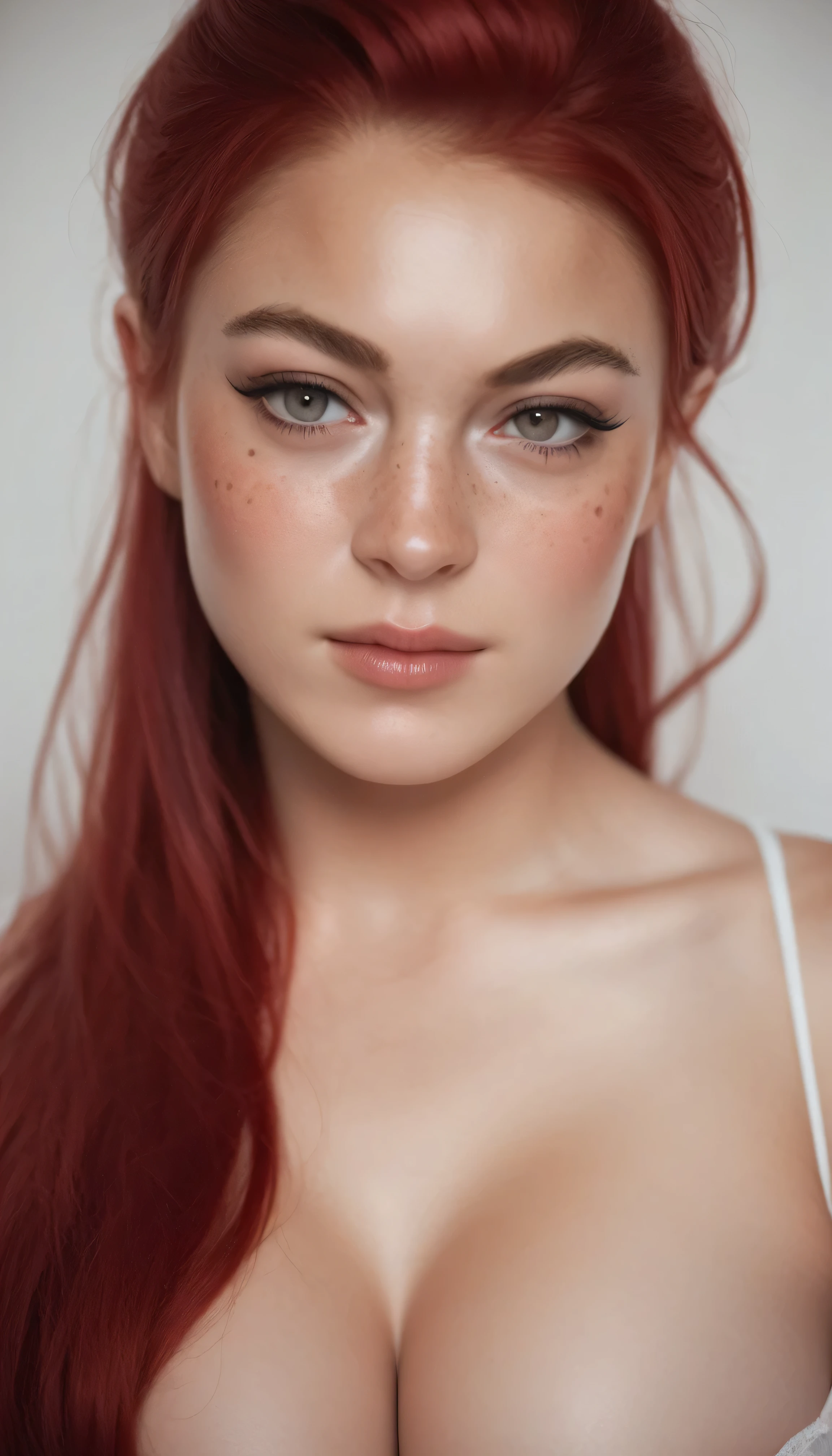 (masterpiece, high quality, fisheye:1.2), (close-up portrait:1.1), solo, model photoshoot, (red theme:1.1), a stylish girl, red hair, silver eyes, red lipstick, red eye shadow, blush, (freckles:0.7), (european, 22 years old:1.3), sexy, pure innocence, (light smile:0.8), whore vibe, in love, simple red dress, cleavage, detailed natural skin texture, seductive gaze, detailed lighting, (red:1.1) wall background, shallow depth of field, romantic setting, dreamy pastel palette, whimsical details, captured on film, nsfw, (intricate details:0.5)