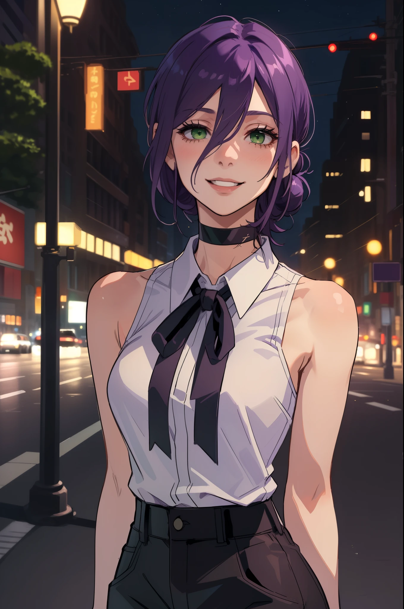 (masterpiece, best quality:1.2), cinematic, midjourney, (mature female, reze), (1girl, solo), (front view, portrait), (purple hair, hair bun), (hair between eyes, green eyes), black choker, (white shirt, sleeveless, neck ribbon), black shorts, (looking at viewer, happy smile:1.1), (in the night city, standing on the street)