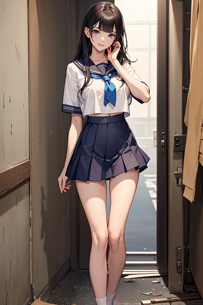 photo of sexy 1girl, tall,leggy,smile,standing in neat rows, in the school gymnasium, wearing white (basic school sailor uniform), long sleeve, blue sailor collar, shiny blue tie pleated blue_mini_skirt, beautiful eyes, shiny black hair,navy short socks, full body shot, closeup shot, from front, from below, dutch angle shot, wide view,