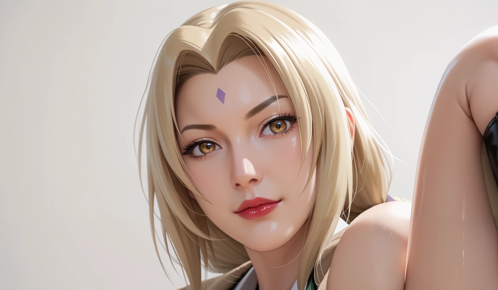 score_9,score_8_up,score_7_up,high res image,masterpiece,best quality,realistic,mature female,(fair_skin:1.1),(shiny_skin:1.2),Tsunade,t5un4d3,Light yellow long hair,blue purple mark on forehead,light yellow thin short eyebrows,bright brown pupils,light red lips,(hanging breasts:1.1),(big breasts:1.2),chopiotsunade,(black dress:1.2),(brown cardigan coat:1.2),(black boots:1.2),(black silk stockings:1.2),(one leg up over your head:1.5),