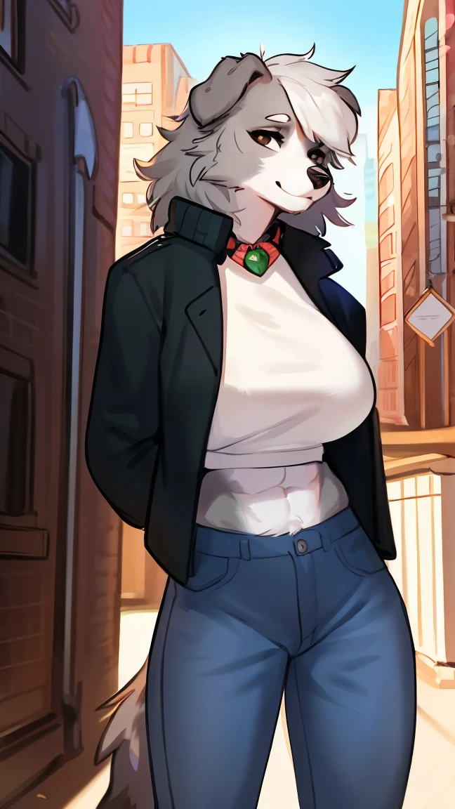 By bebebebebe, by lostgoose, by goonie-san, solo, snout, ears, feline, siamese cat, pale blue eyes, white hair, short hair, hair bangs, (muscular), smiling, happy, ((curvy)), brown upper face, offwhite fur, female, plump breasts, (adult, mature), (cat tail), brown bomber jacket, blue jeans