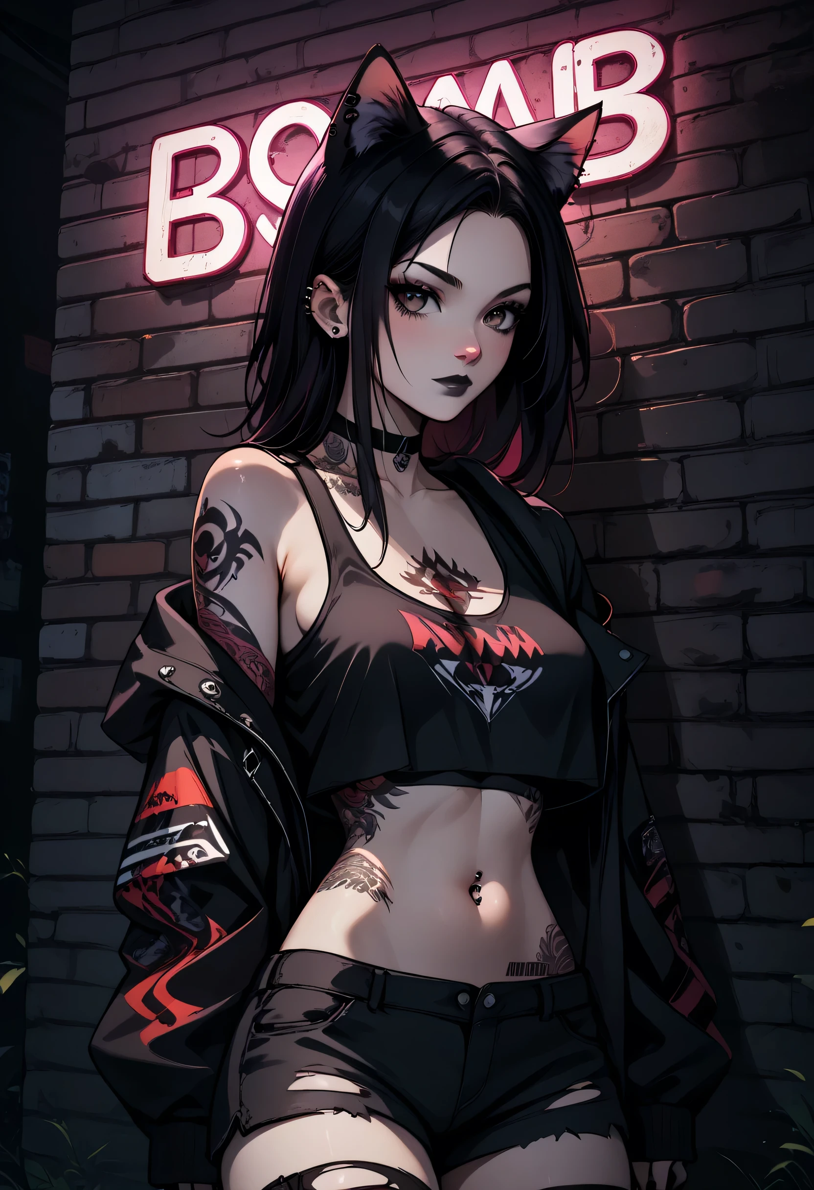 goth girl, cat girl,  chest tattoos, covered in tattoos, neck tattoo, shoulder tattoo, arm tattoos, black hair,medium breast, pinup pose, (oversized jacket, hands in sleeves, jacket, off the shoulder jacket, ((crop top, loose crop top)), (short demi shorts), black torn leggings in combat boots), BREAK, dark, at night, outdoors, in city, outside nightclub, leaning against wall, neon signs, night Goth girl, Goth girl 1girl Cat girl, score_9,score_8_up,score_7_up,highres, masterpiece,