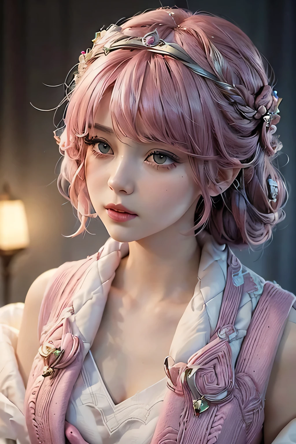 （（best qulaity））， （（nmasterpiece））， （Detail：1.4）， 3D， Beautiful cyberpunk female images，hdr（High dynamic range），raytraced，NVIDIA RTX，hyper resolution，illusory 5，sub-surface Scattering，PBR textures，post-processed，Anisotropic filtration，deep of field，maximum definition and sharpnesulti-layer texture，Albedo e mapas Speculares，Surface Coloring，Mitsu-Accurate simulation of material interactions，perfectly proportioned，octane rendered，Two-colored light，Large aperture，Low ISO，White balance，Rule three points、8K raw data、beautiful bright pupils，Off-the-shoulder clothing，Fine pupils，Delicate face and eyes，long eyelash，Blushlush，Delicate and fluffy hair，Pink lips，Pure，cute pubic hair，Sweet girl，Artistic sense，Casual wear，Advancedsense，butterflies，Cherry blossom petals，Beautiful hair accessories，Pink gray hair,Small breasts,Flat Chest,Small ,tiny tits,