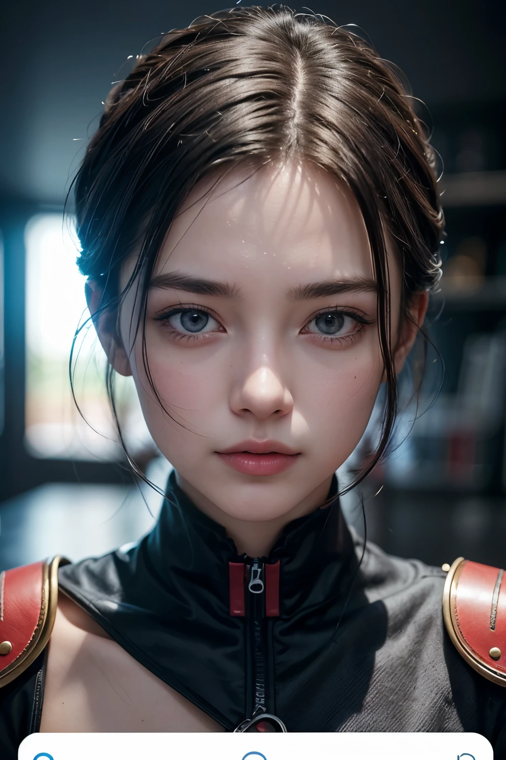 face portrait, ((Very Intense Makeup)), smiling, ((red lipstick)), ((woman in makeup)), short hair, black hair,Voluptuous Woman, red blouse, gray formal pants, glasses,((huge breasts,)), cleavage,)))((35 year old mature woman))((huge breasts)), extremely realistic female eye,((ojos azules))((solamente))),cuerpo perfecto,manos perfectas,cara perfecta,rostro perfecto, iperrealista, ((chichi))

