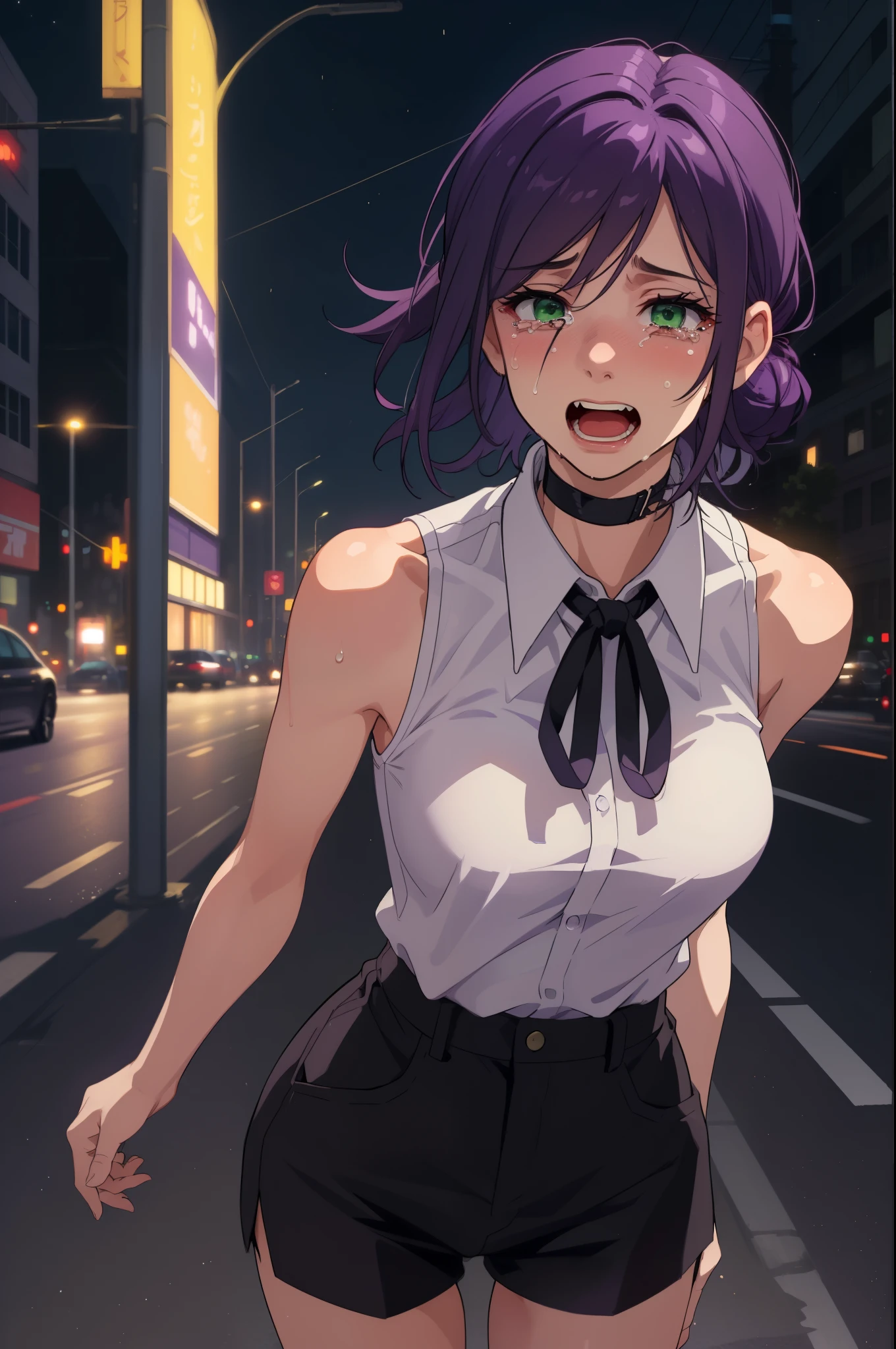 (masterpiece, best quality:1.2), cinematic, midjourney, (mature female, reze), (1girl, solo), (front view, portrait), (purple hair, hair bun), (hair between eyes:0.8), green eyes, black choker, (white shirt, sleeveless, neck ribbon), black shorts, (laughs and tears, tears of joy:1.2), looking at viewer, (in the night city, standing on the street)