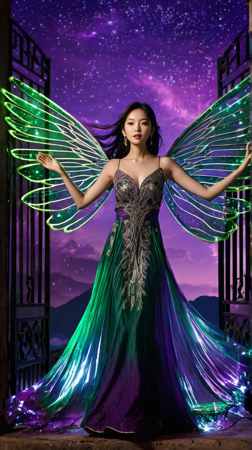 best quality, masterpiece, full shot, full body, aerial shot of (fit beautiful female winged greek wizard wearing ornate blue and gold dress) 1girl, short woman, brown hair, blue eyes, long hair, floating high above the stratosphere of the world in space, posing, power pose, halo, (golden_glow:0.8) (white (angel:0.7) (violet rainbow_butterfly_wings:1.1) attached to her shoulder blades:1.1), haughty expression, looking into the distance, flying in an intricate detailed vivid starfield, comets and (psychedelic nebula:1.2) in background, (ripped:0.3) and toned body, (muscular female:1.0), (night:1.2), dublex vivid vibrant dark detailed HDR galactic background, (god rays:0.4), streaks of light, side lighting, vibrant colors (photorealistic:1.2), (film grain:1.0), Highly detailed cinematic film still from Gravity 2013, <hypernet:mjv4Hypernetwork_v1:0.5> <hypernet:sxzCinematic_1000Strongest:0.5> <lora:doubleExposure LoRA300:0.75>
