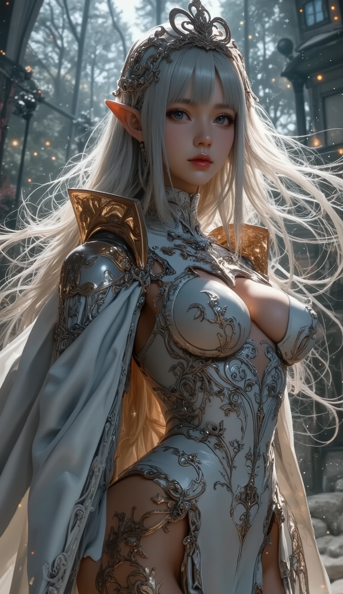 Masterpiece,  best quality , 4K, Mecha, starry null, null, star(null), Cape,  headbands , Thin legs,  long hair, Gray Hair,  cyberpunk,  allows depth of field,  blurry background,