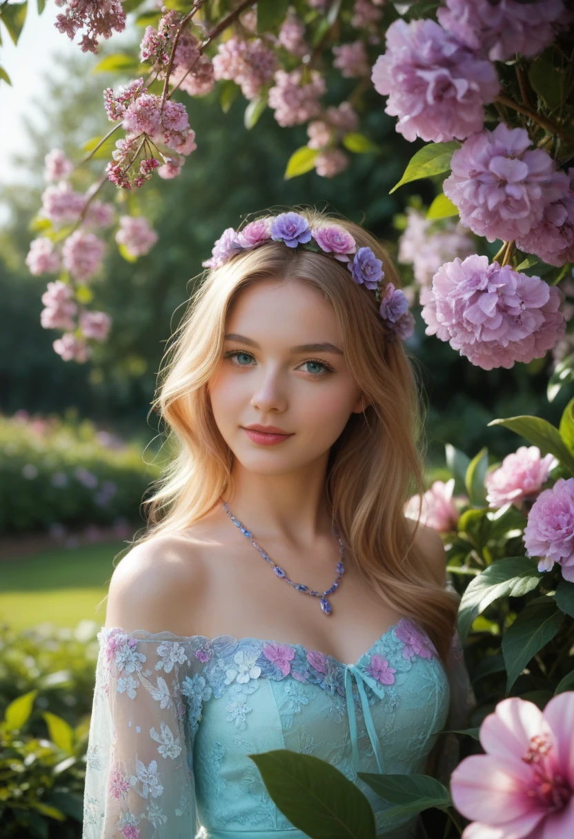 A breathtaking cinematic scene unfolds: A ravishing French woman, adorned with a delicate flower crown, sits amidst a tapestry of vibrant blooms. Her luminous face, featuring piercing blue-turquoise eyes, holds the viewer's gaze as she poses directly into the lens. Her pastel-hued dress, intricate floral patterns, and luscious blonde locks are framed against a kaleidoscope of colorful flowers in 16K resolution.