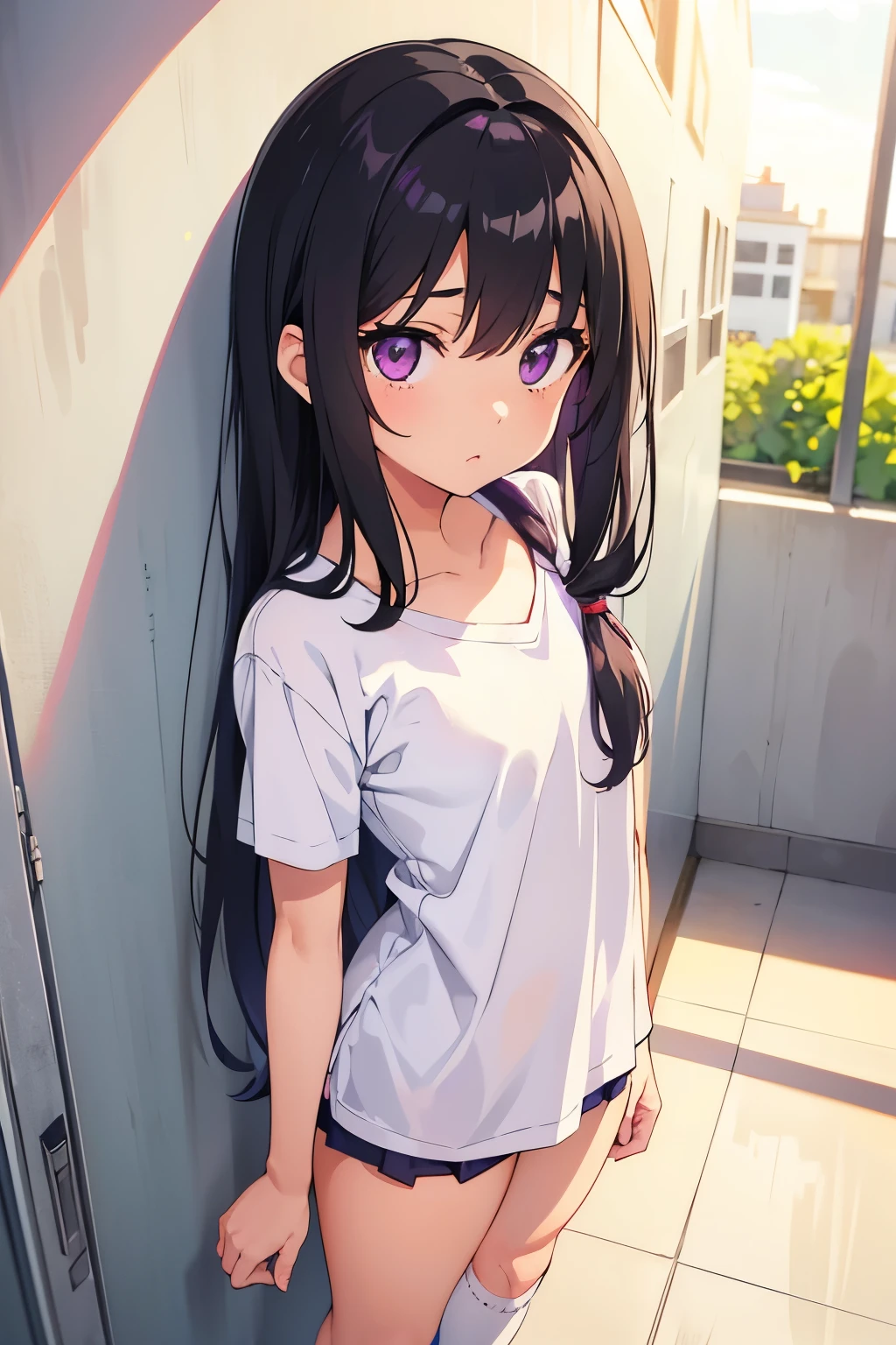 Elementary school girl, , toddler Flat chest, black hair, long hair, purple eyes smile Plain white T-shirt with a large upper body White panties on lower body ((I can see her panties))Girl's Room Are standing Dynamic Angle Low - Angle