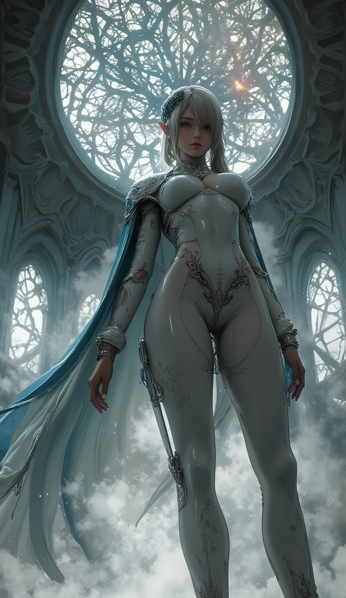 Masterpiece,  best quality , 4K, Mecha, starry null, null, star(null), Cape,  headbands , Thin legs,  long hair, Gray Hair,  cyberpunk,  allows depth of field,  blurry background,
