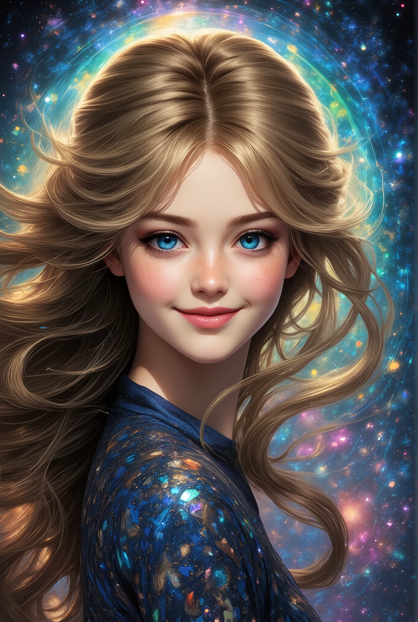 phantesis , Стиль phantesis , Темное phantesis , Fantasy, wallpaper, phantesis йный стиль, beautiful color, complicated details, rich colors , Better quality , Lots of Details , perfect picture , masterpiece, 8 k, A girl with Long Beautiful Hair with a glitter and a smile on her face and beautiful blue eyes, is dressed in a bright sunny outfit with subtle sparkles and patterns , a bright color that changes day to night with the passage of time , Wonderful,