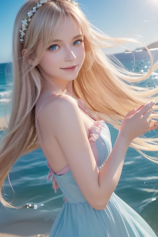 (highest quality,32k,High resolution,Masterpiece:1.5), marimo_jet, Fantasy, Blue-green color palette, ((Undersea World)), Beautiful Japanese Women, An exceptionally beautiful face, ((Shiny champagne gold hair:1.3)), ((Beautifully tousled super long straight silk hair)), Asymmetrical bangs, Hair between the eyes, Magical big eyes, Beautifully trimmed, thin and light eyebrows, Natural Makeup, Cheek highlighter, Pale pink detailed lips, Rich emotional expression, fleeting smile, ((White off-the-shoulder dress:1.4)), The water is sparkling and full of vibrant colors., Introducing the mesmerizing beauty of the sea, Surrounded by coral reefs, A school of rare fish, Swaying seaweed. Sunlight reflected on the water, Professional Lighting, Professional photographer, Professional models, mysterious