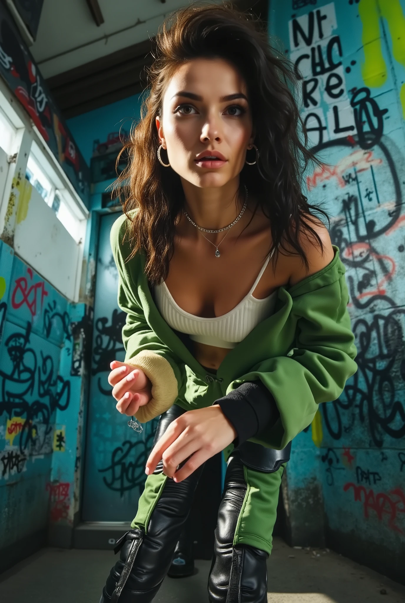 A hot urban girl running . Grunge wall grafitti background. Dynamic Angle. ((cinematic lighting)).