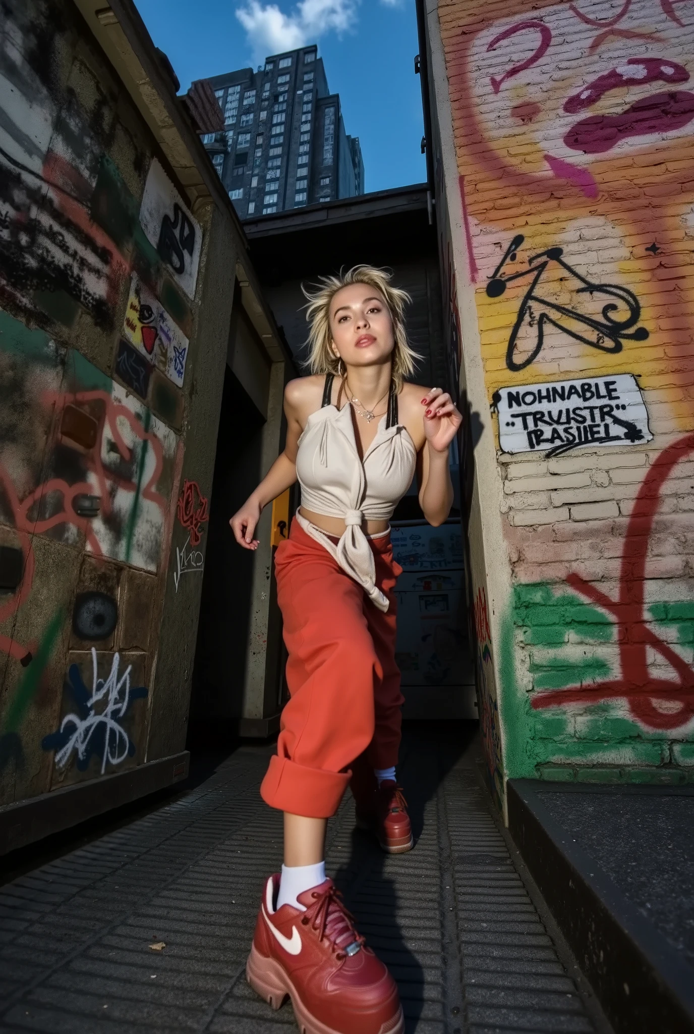 A hot urban girl running . Grunge wall grafitti background. Dynamic Angle. ((cinematic lighting)).