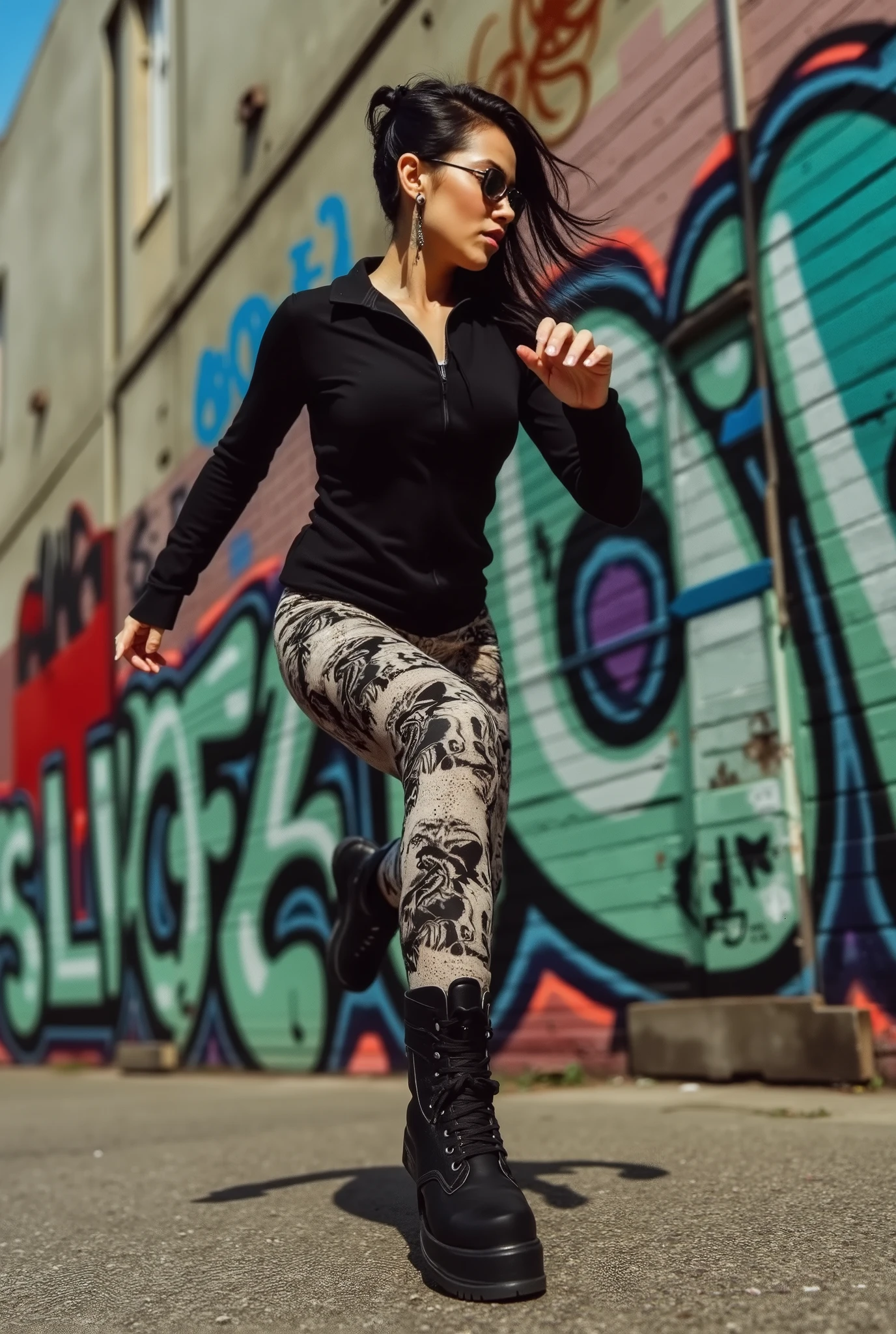 A hot urban girl running . Grunge wall grafitti background. Dynamic Angle. ((cinematic lighting)).