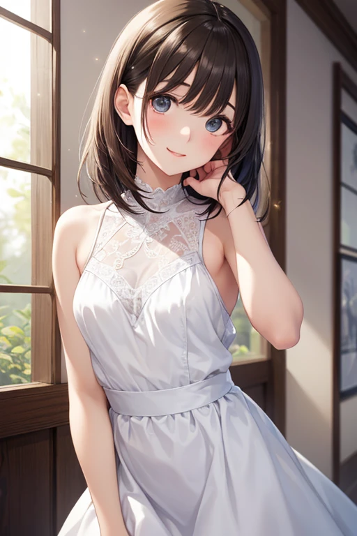 very cute and beautiful girl standing near window,(floral blue summer dress with detailed frills),sleeveless,detailed lace,skirt lift,white panties, (highly detailed beautiful face and eyes:1.2),antique hotel bedroom with outside view,distant trees and ocean, cowboy shot,smile,blush,medium hair,black hair, (best quality,masterpiece:1.2),absurdres,highres,ultra-detailed,extremely detailed,32k,8k resolution, intricate details,cinematic scene,detailed background,solo,dynamic angle, natural lighting,light particles,beautiful detailed sky,