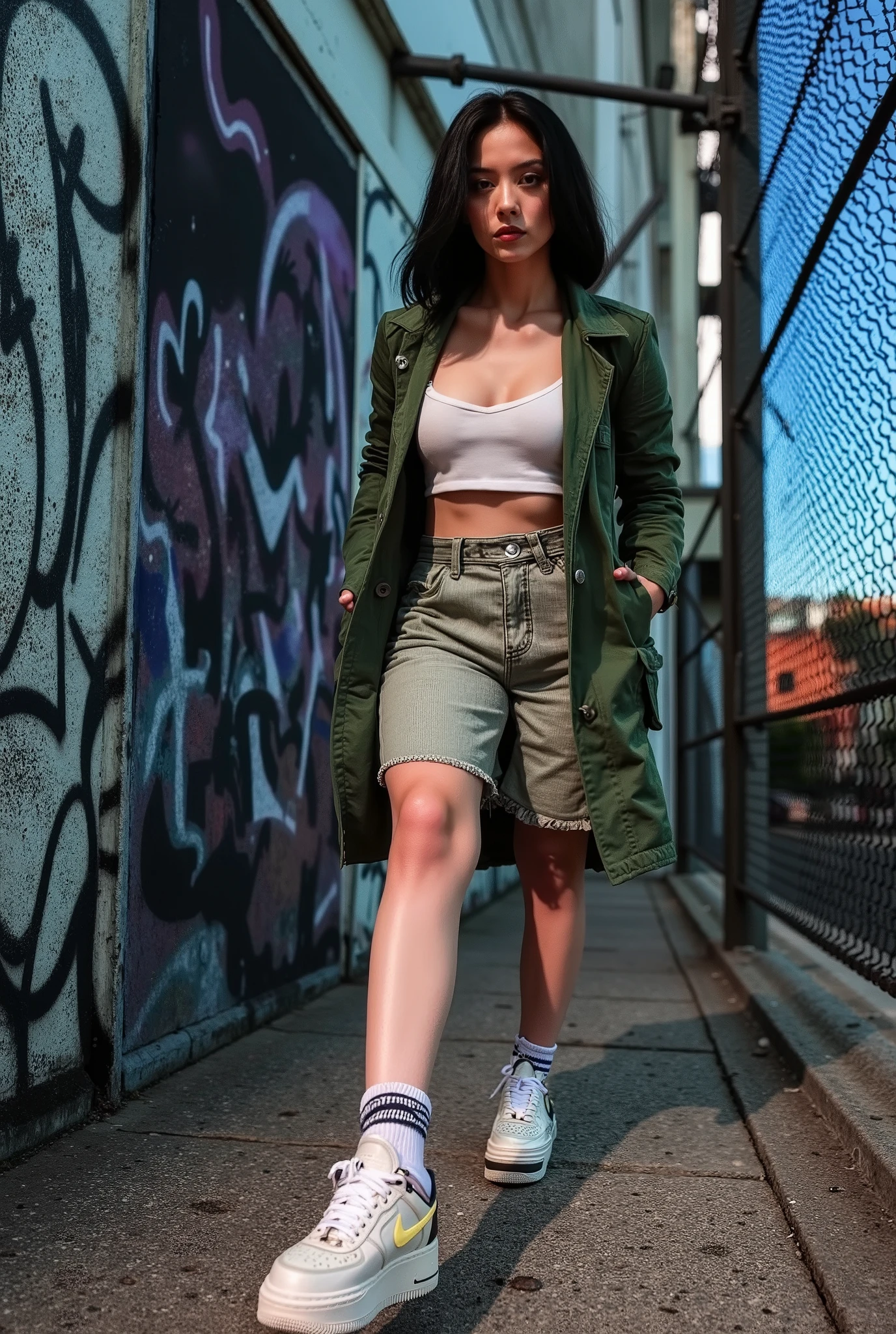 (((Down viewer))). A hot urban girl Walking . Grunge wall grafitti background. Dynamic Angle. ((cinematic lighting)).