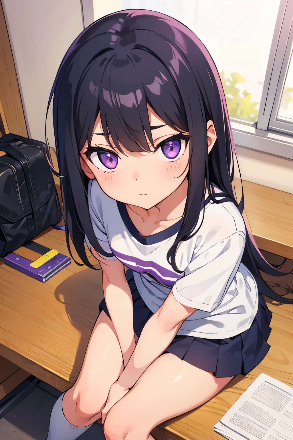 , 8 years old　Flat chest, r, long hair, purple eyes　White camisole top　Black panties on lower body（（I can see her panties）） White socks　Girl&#39;s Room　Standing Dynamic angle Low angle