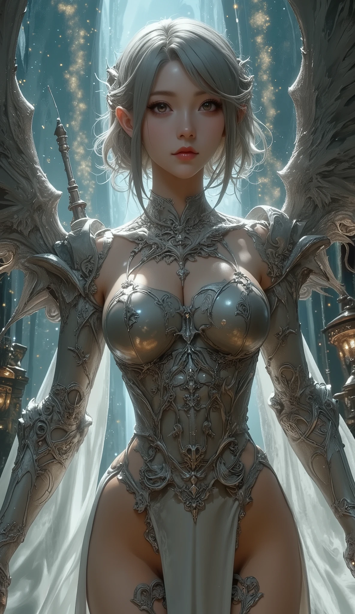 Masterpiece, best quality , 4K, Mecha, starry null, null, star(null), Cape, headbands , Thin legs, long hair, Gray Hair, cyberpunk, allows depth of field, blurry background,