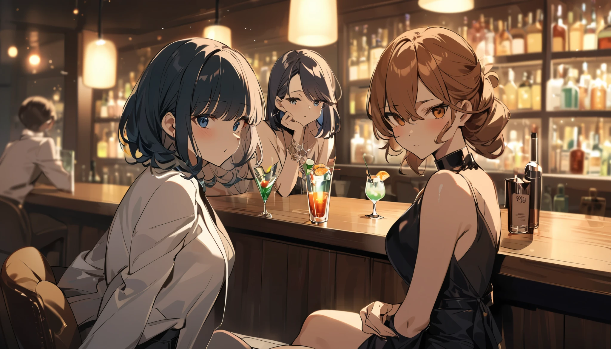 ((best quality)), ((work of art)), ((detailed)), man with short white hair, sitting at a bar table, with two women wearing white dresses, one woman with brown hair and bangs, and another woman with blonde hair.
