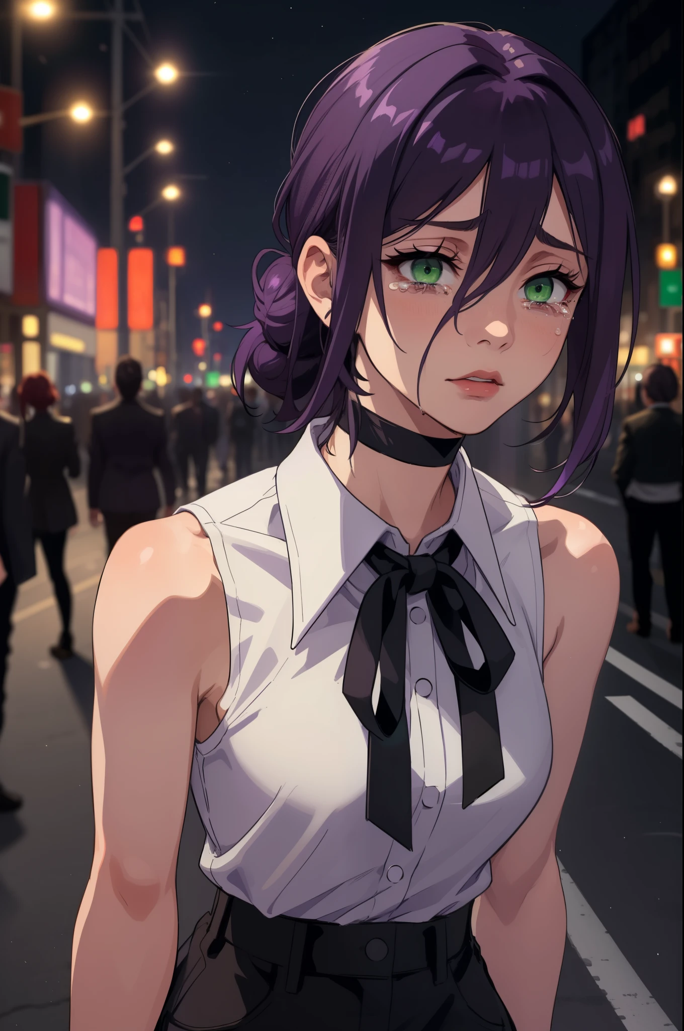 (masterpiece, best quality:1.2), cinematic, midjourney, (mature female, reze), (1girl, solo), (front view, portrait), (purple hair, hair bun), (hair between eyes:0.8), green eyes, black choker, (white shirt, sleeveless, neck ribbon), black shorts, (guilt, tears:1.2), looking at viewer, (in the night city, standing on the street)