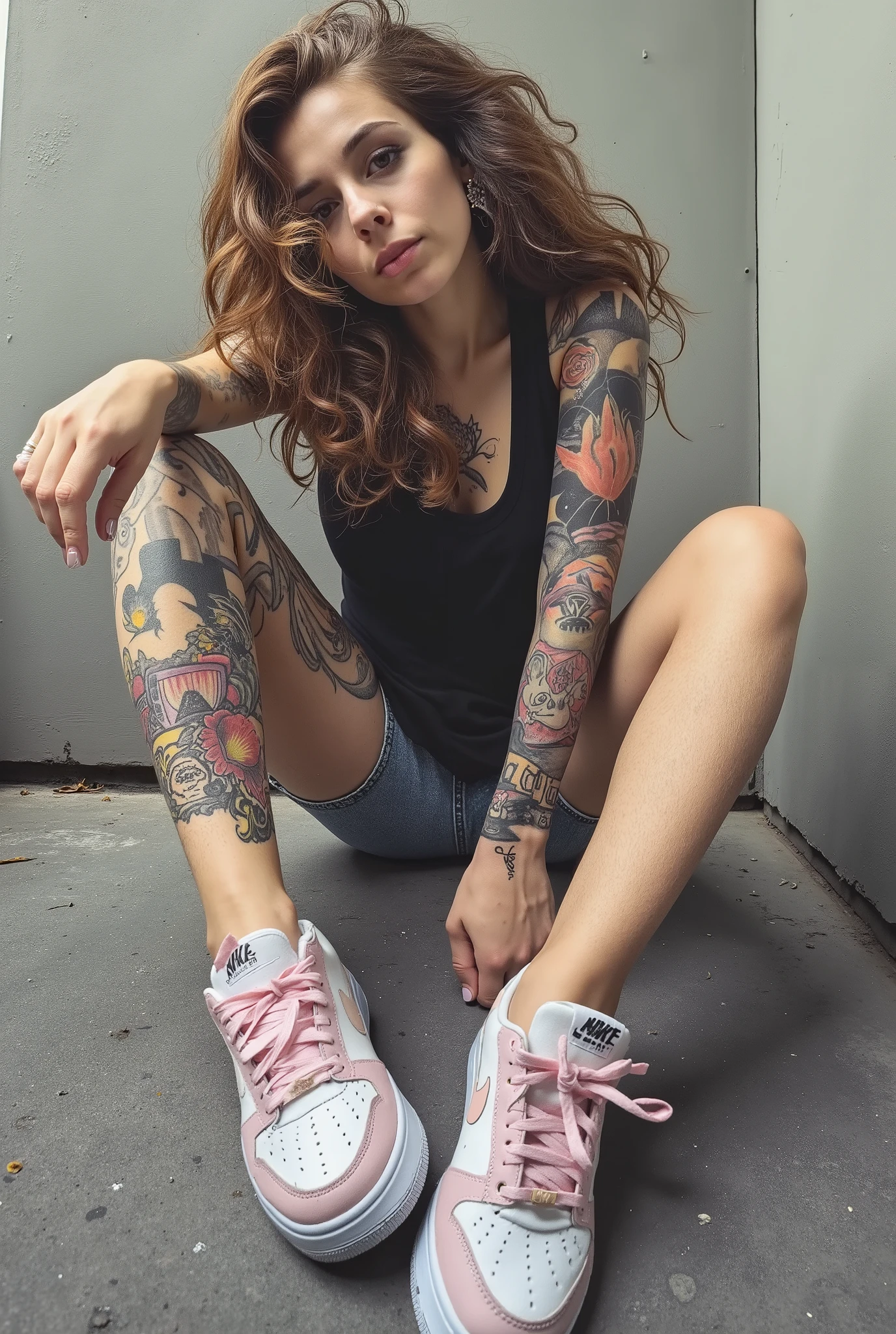 Tattooed Instagram girl sitting, nike sneakers , skinny hot Body, Tiktok Girl, young girl, wearing top and small skirt.