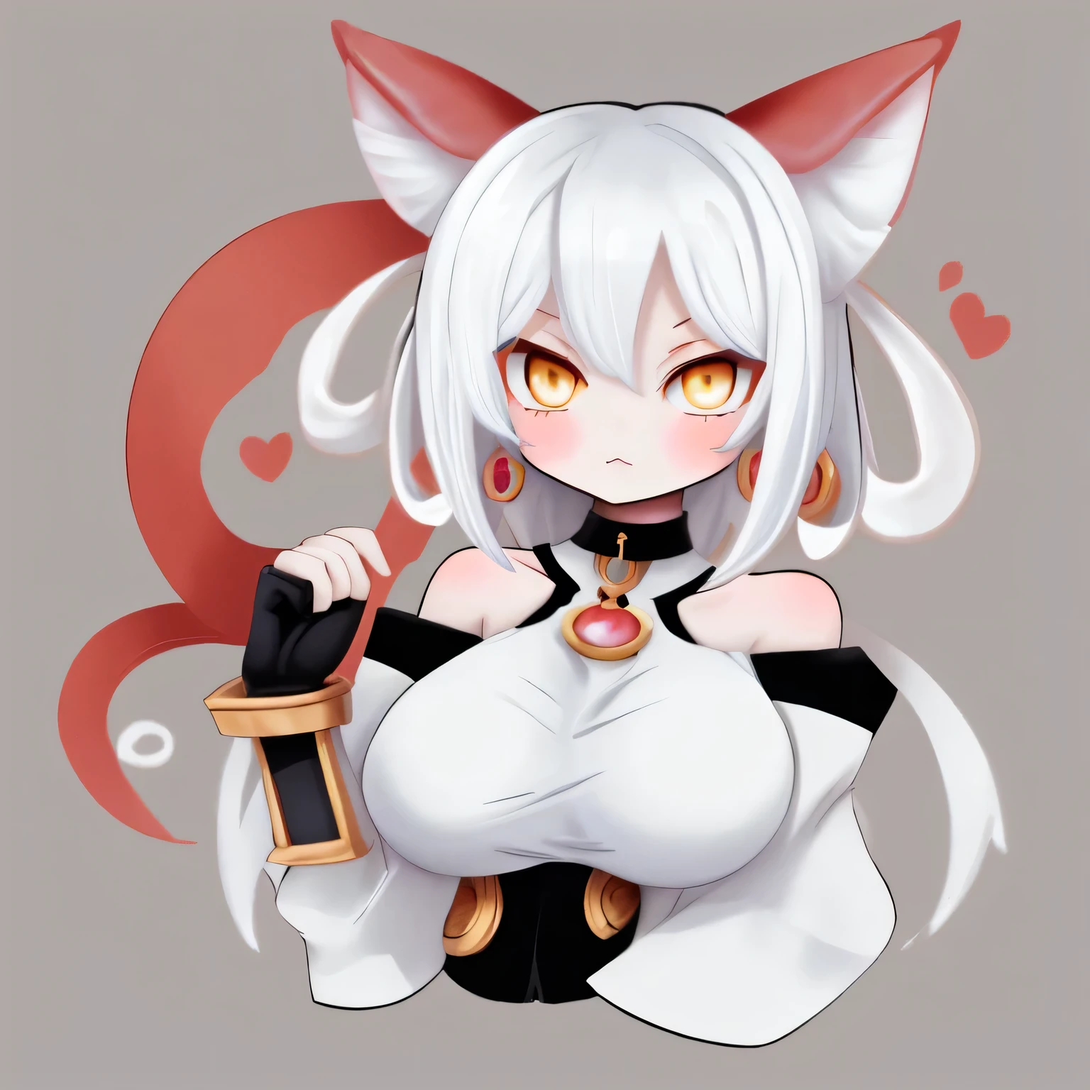 score_9, score_8_up, score_7_up,qi, 1girl, large breasts, bare shoulders, jewelry, white hair, yellow eyes, clothing cutout,animal ears,red horn