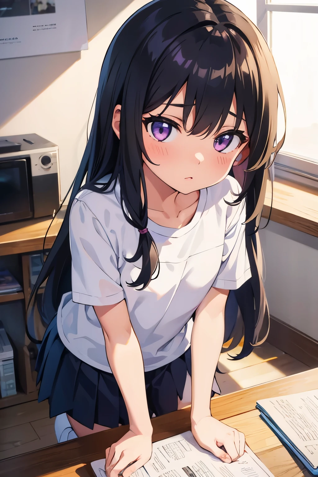 Girl&#39;s Room　8-****-********************* girl　Flat Chest　Black Hair　Long Hair　Purple Eyes　1 person　White T-shirt on upper body　Navy blue mini skirt　　（（White panties are visible））　Sitting　Dynamic Angle　Low - Angle