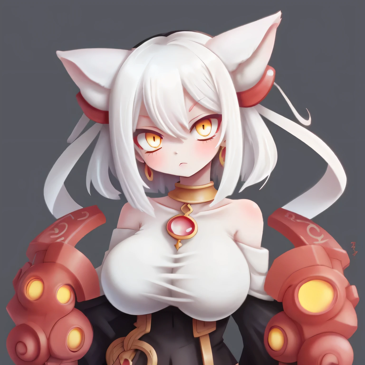 score_9, score_8_up, score_7_up,qi, 1girl, large breasts, bare shoulders, jewelry, white hair, yellow eyes, clothing cutout,animal ears,red horn