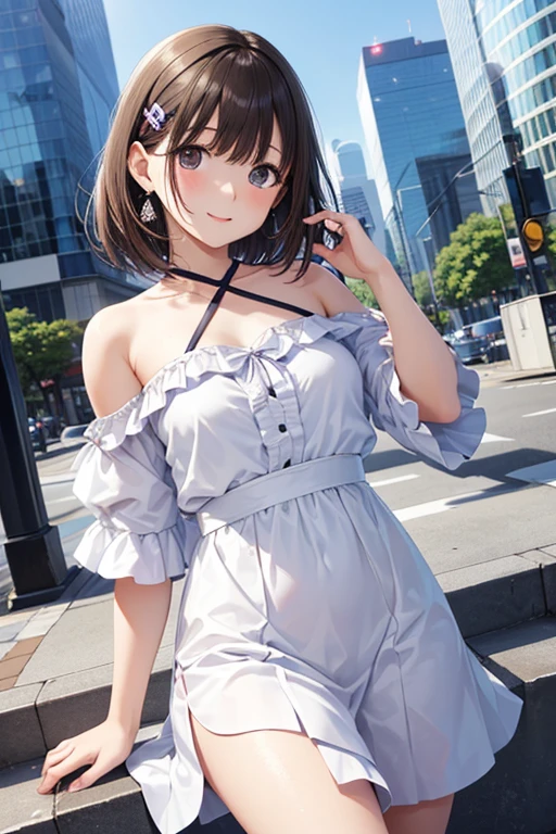 High-resolution images, Realistic eye size, Realistic Skin, Droopy eyes, smile, (Patterned casual dress), (Masturbation with hands, Sheer ultra detailed panties), Strong sunlight, Braiding, Old Fashion, skyscraper, Angle from below,