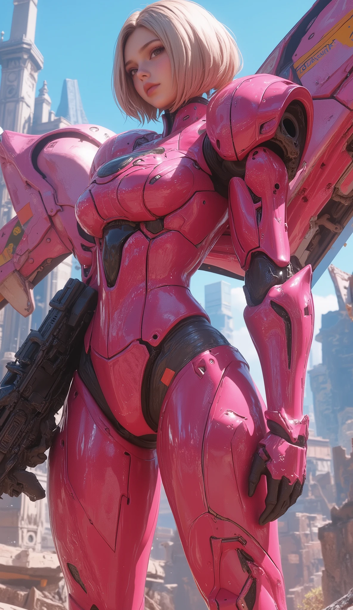 Robot with a gun and a picture of a gun, Pink Streamline Armor , modern Mecha anime, cool Mecha style, female Mecha, Gundam Armor, The mobile suit , アニメ Mecha アーマー, # Mecha, 妨害Mecha, Eva with the first unit in the back , anime manga robot !! anime girl , an anime large Mecha robot, Gundam Style