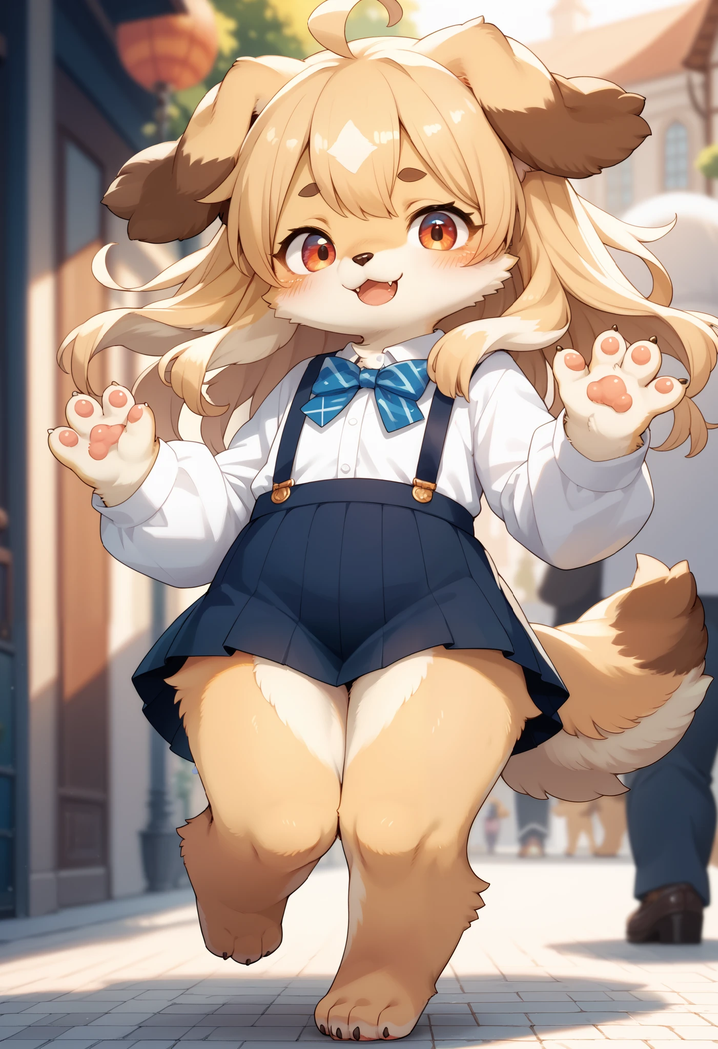 highres, top quality, best quality, paid reward available, High-quality illustrations by Johannes Vermeer, unparalleled masterpiece, perfect artwork, absurdres, perfect anatomy(highly detailed beautiful face and eyes)(angelic cute 1girl, kemono, solo focus)(furry)(furry anthro:1.7)(Furry body, dog facial features, dog body features)(very detailed body fur)full body, dynamic pose,