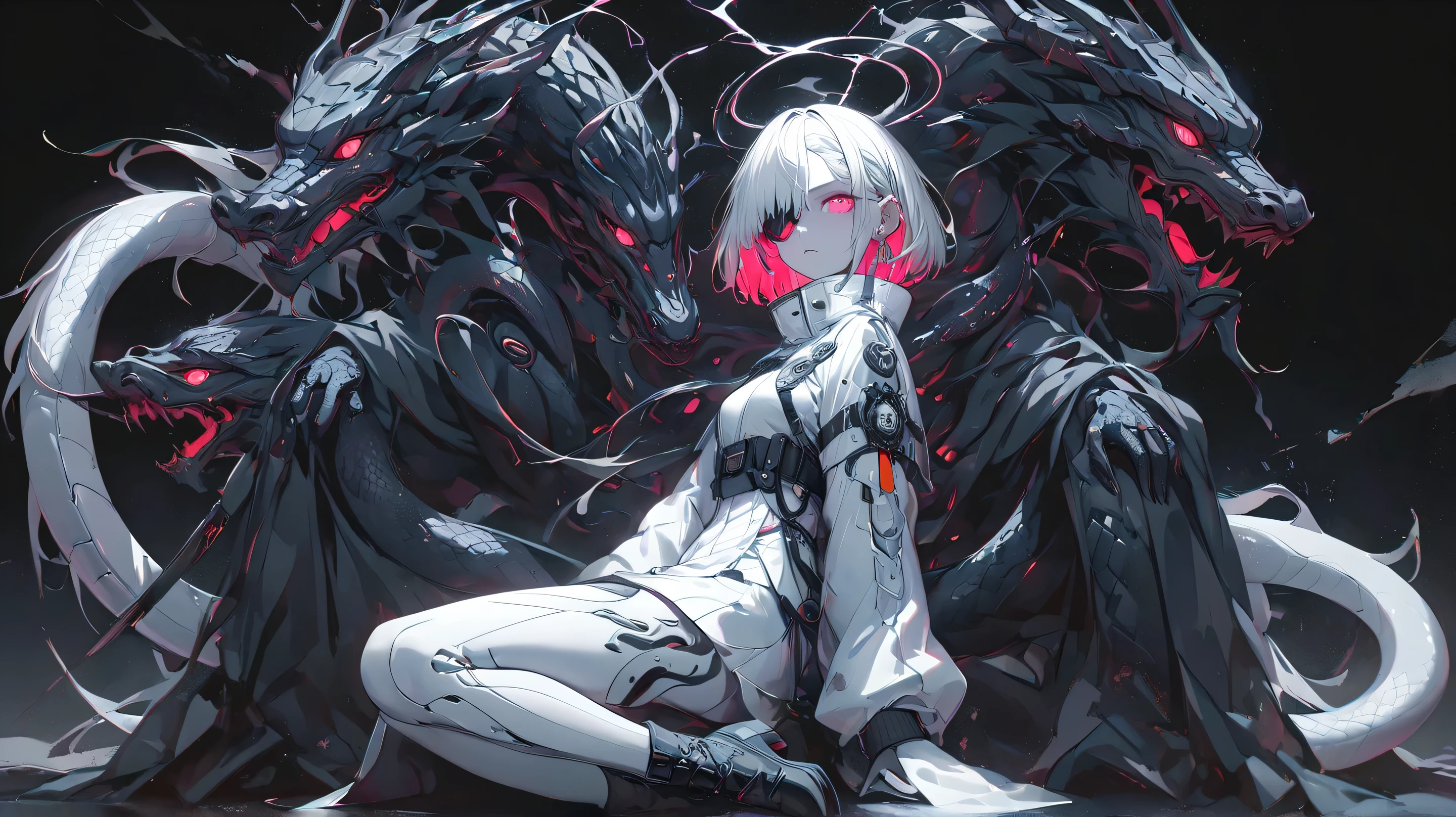 (masterpiece,best quality,ultra-detailed),1girl,smirk, insect body,(white body centipede creature),insectoid,(centipede creature body), beautiful and detailed face, detailed eyes,bob cut,silver hair,insane void, glowing eyes,(grey theme),in a dark cave,ancient temple,
