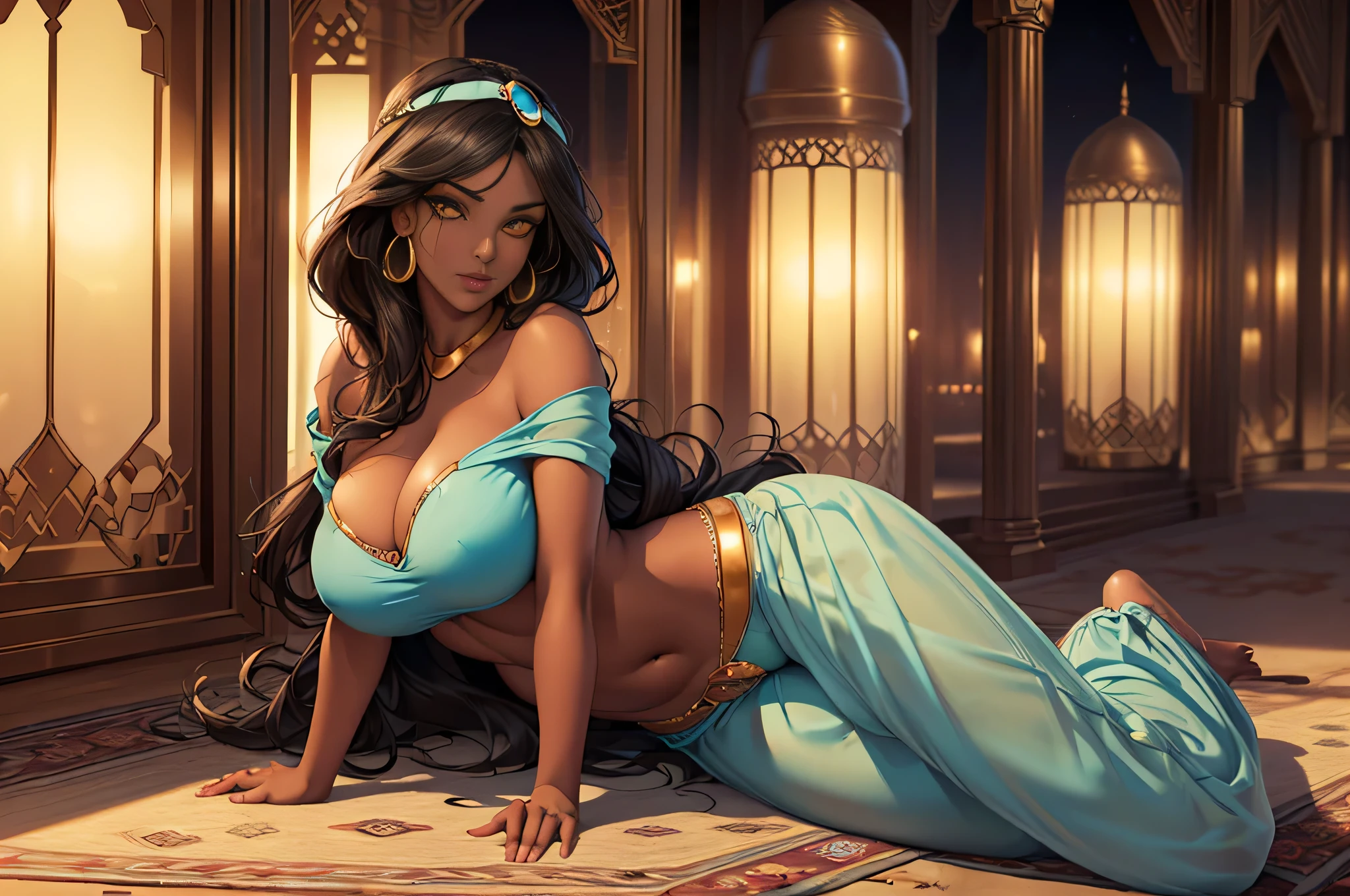 NSFW. (((nude))), (((1girl))), (((23years))), ((full body shot)), Jasmine on a silk bed cuddling (((1_big_tiger))), Arabian, diadem with blue gem, jewelry, bracelets on arms, anklets on legs, colorful silks, Arabian setting, flowers, looking at viewer, ((highly detailed)), (((masterpiece))) Hyacinth