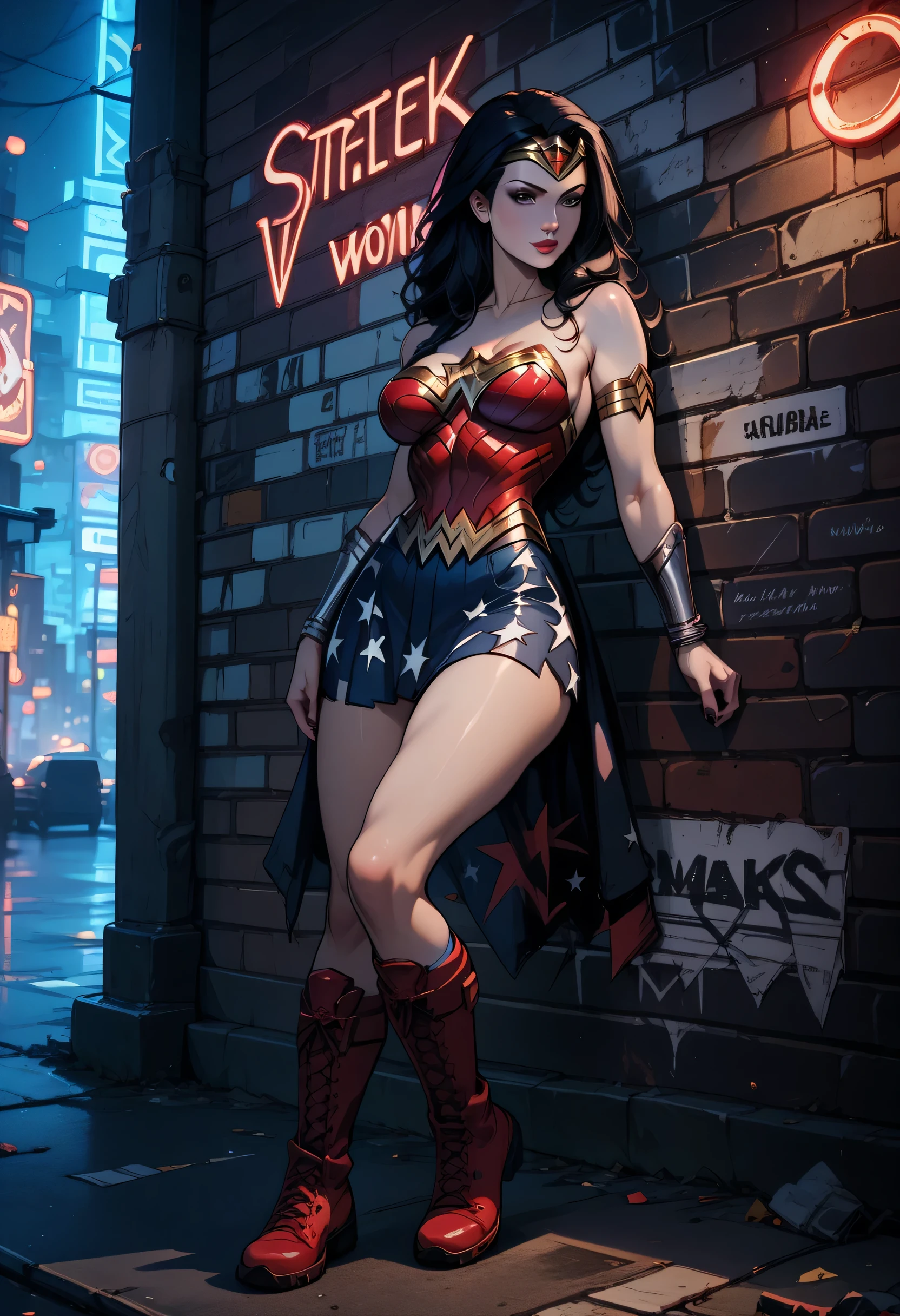 Wonder woman, black hair,big breasts, pinup pose, perfect face, in combat boots red boots), BREAK, dark, at night, on the street, in the city, leaning against a wall, neon signs, night Goth girl, Goth girl 1girl score_9,score_8_up,score_7_up,highres, masterpiece,