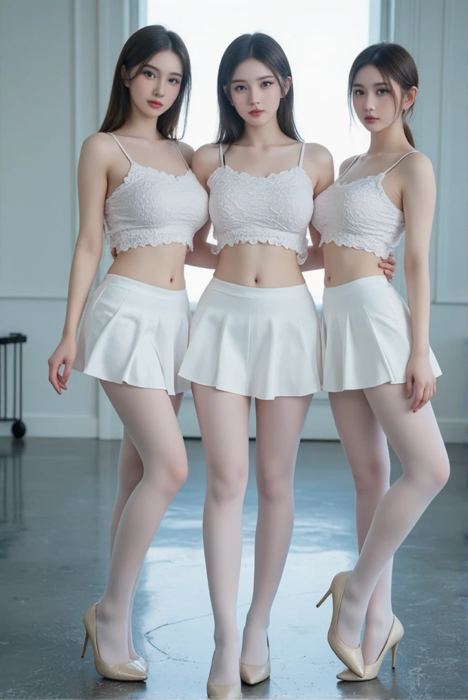 A close-up photo of two Japanese high-school girls, Hair tied up, Bangs down, (Double eyelids), looking at the viewer, Sitting in the office, (All smiling), Highest Resolution, masterpiece, (All wearing long-sleeve turtle-neck sheer lacy bridesmaid dress), ((All lifting up dress, and exposing panties)), All wearing earrings