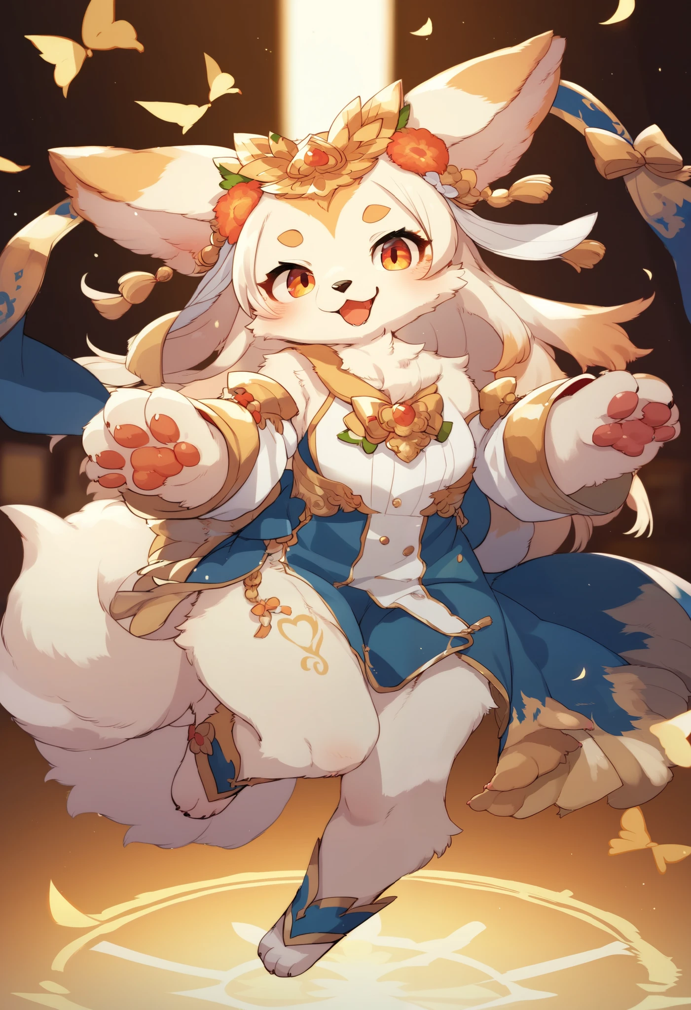 best hands,best quality,from below,wide Shot,dynamic pose,(masterpiece,ultra detailed 8k art),(Cowboy shot,legs out of frame:1.7), sheer face veil,sexy, (dancer), fox,(anthro:1.5),1 furry fox female, Fluffy body,fox tail, (back,close-up ass:1.3),jewelry, gold decorations, see-through, hair ornaments BREAK
(Dancing:1.5),Red eyes,face make, (wide hips,Fascinating,Cheers), huge breasts,(hips,night, starry sky:1.2), bonfire, seductive smile,desert castle,audience, party