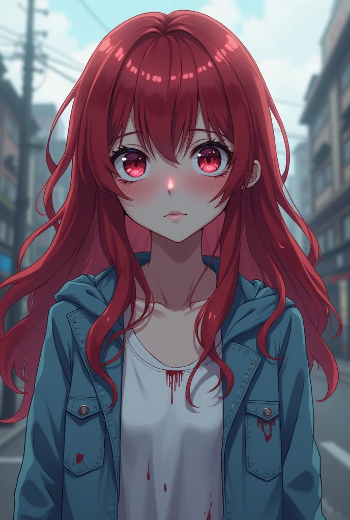 masterpiece, high quality, 8k, beautiful lighting, 1girl, solo, Arima Kana , looking at viewer, vampire teeth, pointy teeth, pointy ears, glowing eyes, blood, on clothes, white t-shirt, black shorts, wet shirt, see through shirt, large breast, blood on clothing, night rainy city background, wet clothes, bloody clothes, blood on face