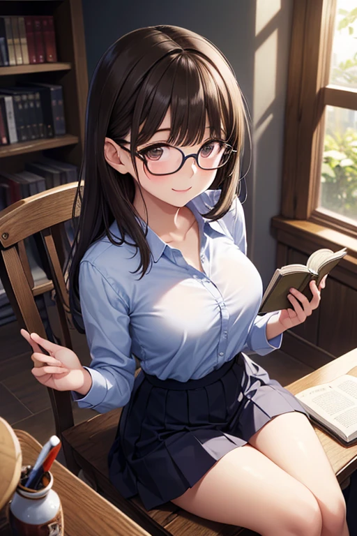 detailed illustration ,dynamic angle, ultra-detailed, detailed eyes, detailed face, 1girl, sitting down, legs up, reading book, long brown hair, glasses, green eyes, smile, shy, delight, blushing, horny, library, short black skirt, white blouse, cleavage, medium breasts, from above, looking up
