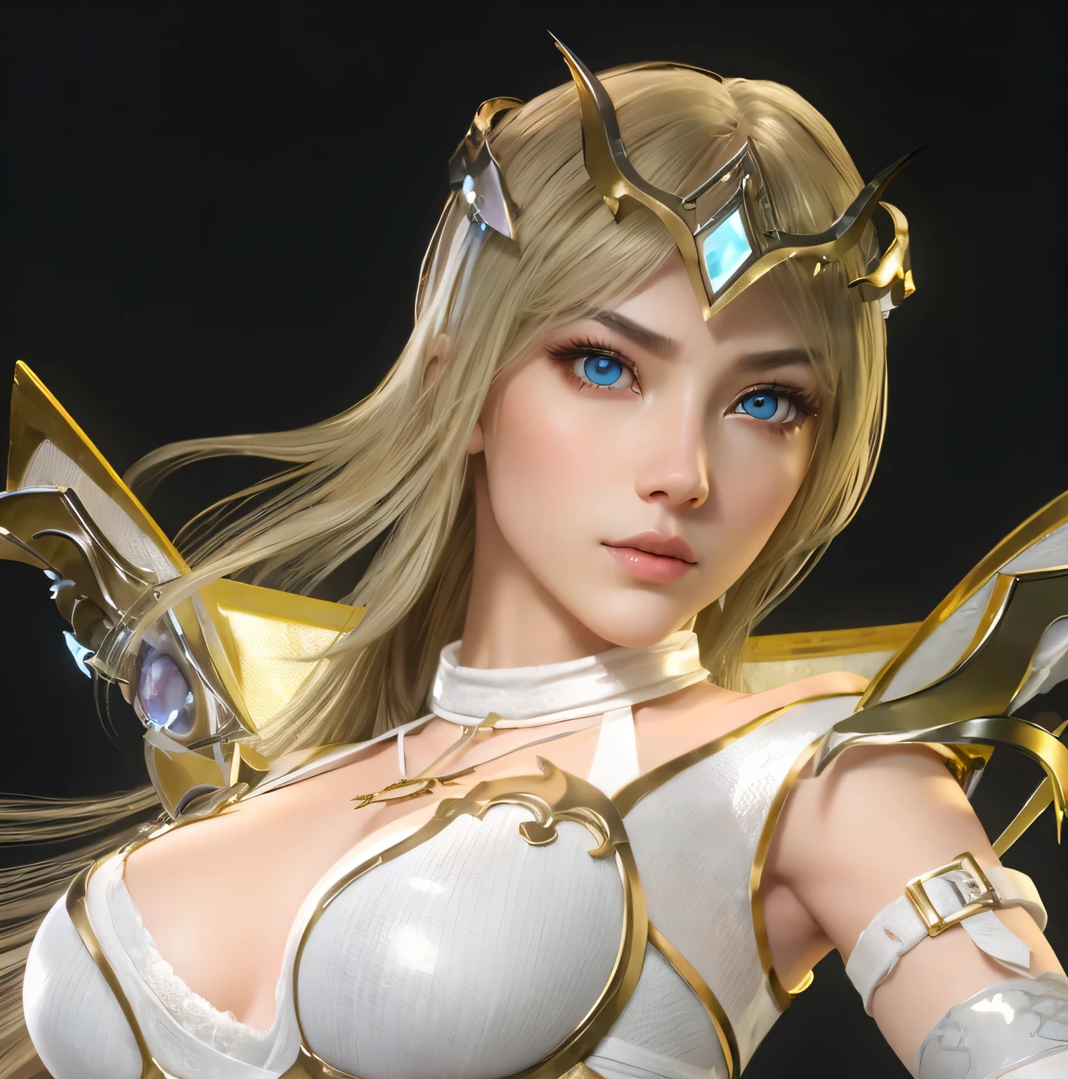 1girl, portrait of beautiful lobapex, athletic, white jacket, corset, skirt, pants, golden hair, braids, makeup, choker, cleavage, wide hips, volumetric lighting, best quality, masterpiece, intricate details, tonemapping, sharp focus, hyper detailed, trending on Artstation, realistic