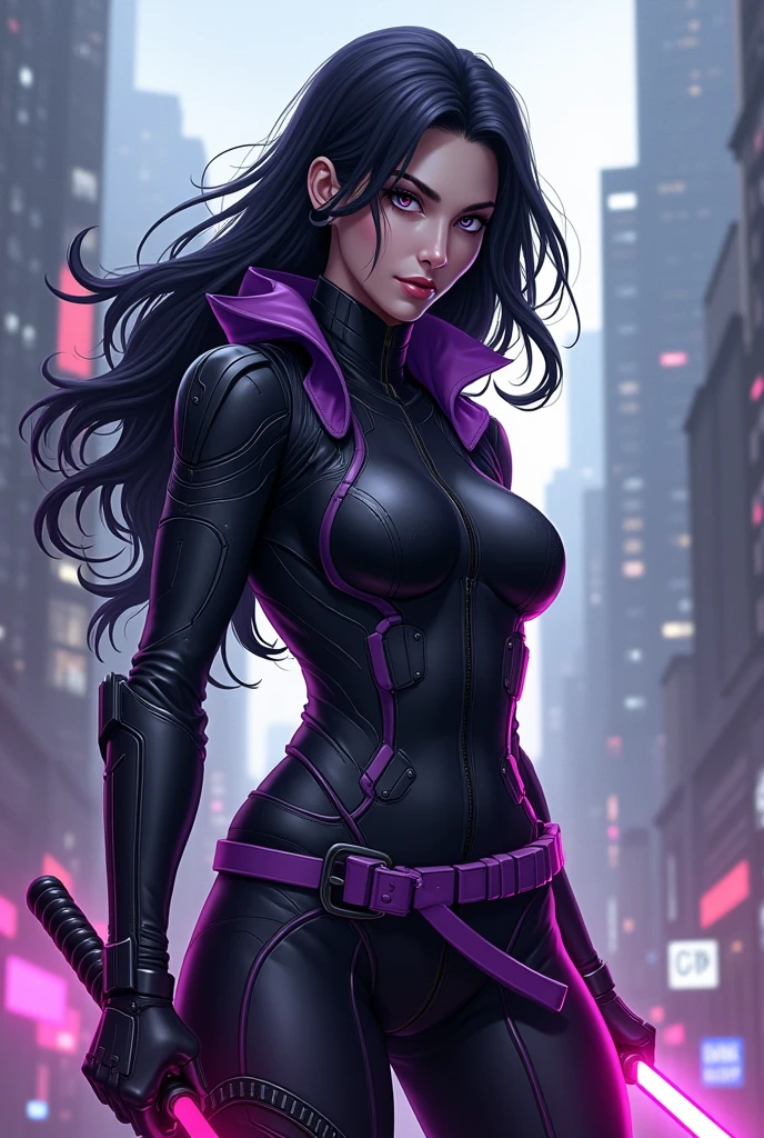 Beautiful woman, anti hero wearing black and purple uniform, laser katana sword in hand, white skin, long black hair, portrait, Jeff Bridges, ((cartoon style)), Marvel Cinematic Universe style, (((cyberpunk city in the background))), soft bokeh of futuristic city, Atey Ghailan, Jeremy Mann, Greg Manchess, Antonio Moro, trend in ArtStation, trend in CGSociety, Intricate, High Detail, Sharp focus, dramatic and photorealistic painting art by Midjourney and Greg Rutkowski, bokeh in the background